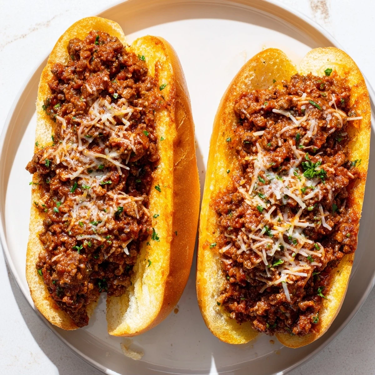 Crowd-pleasing Garlic Bread Sloppy Joes sliced into cheesy, buttery halves beside salad