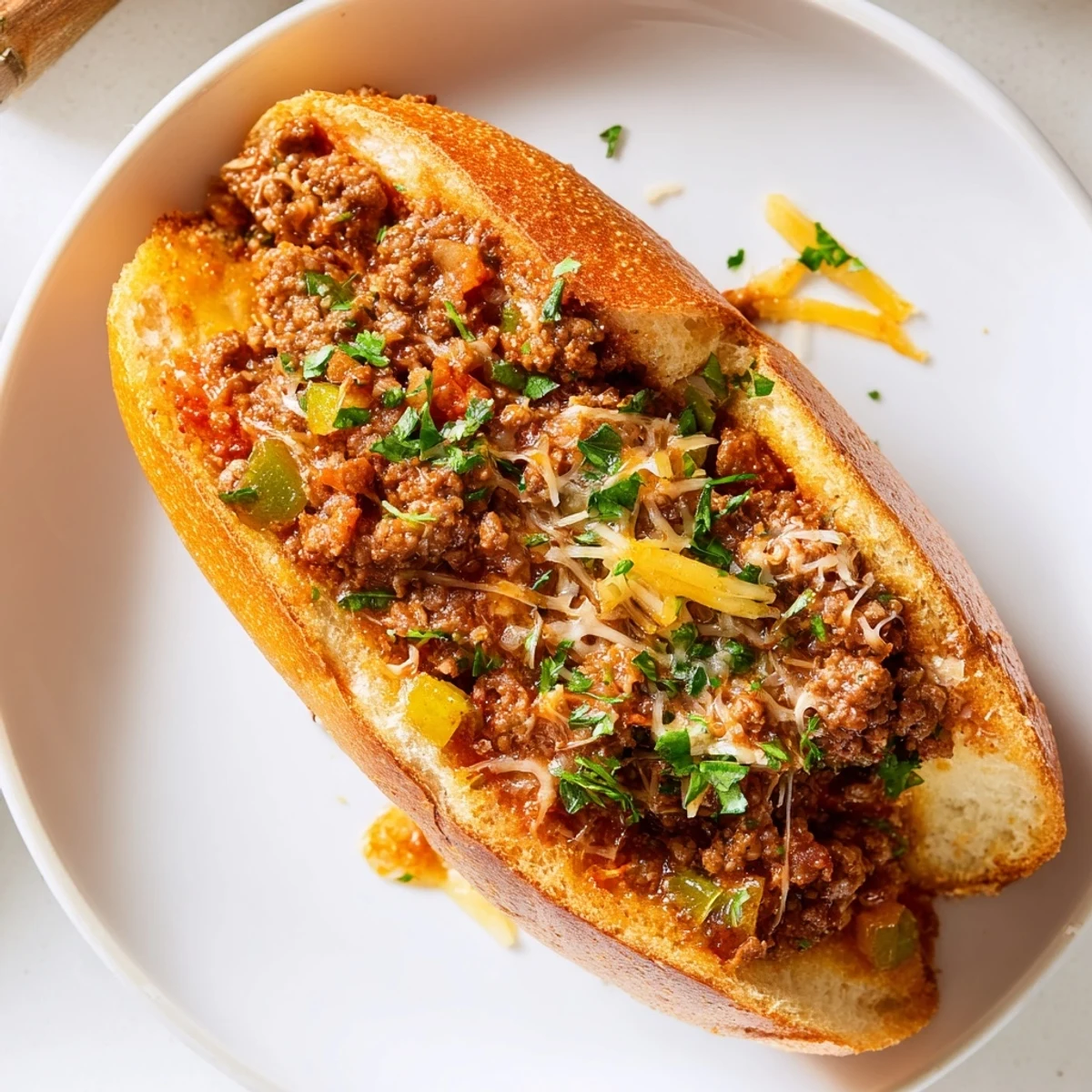 Buttery Garlic Bread Sloppy Joes oozing warm tomato sauce, served hot on plate