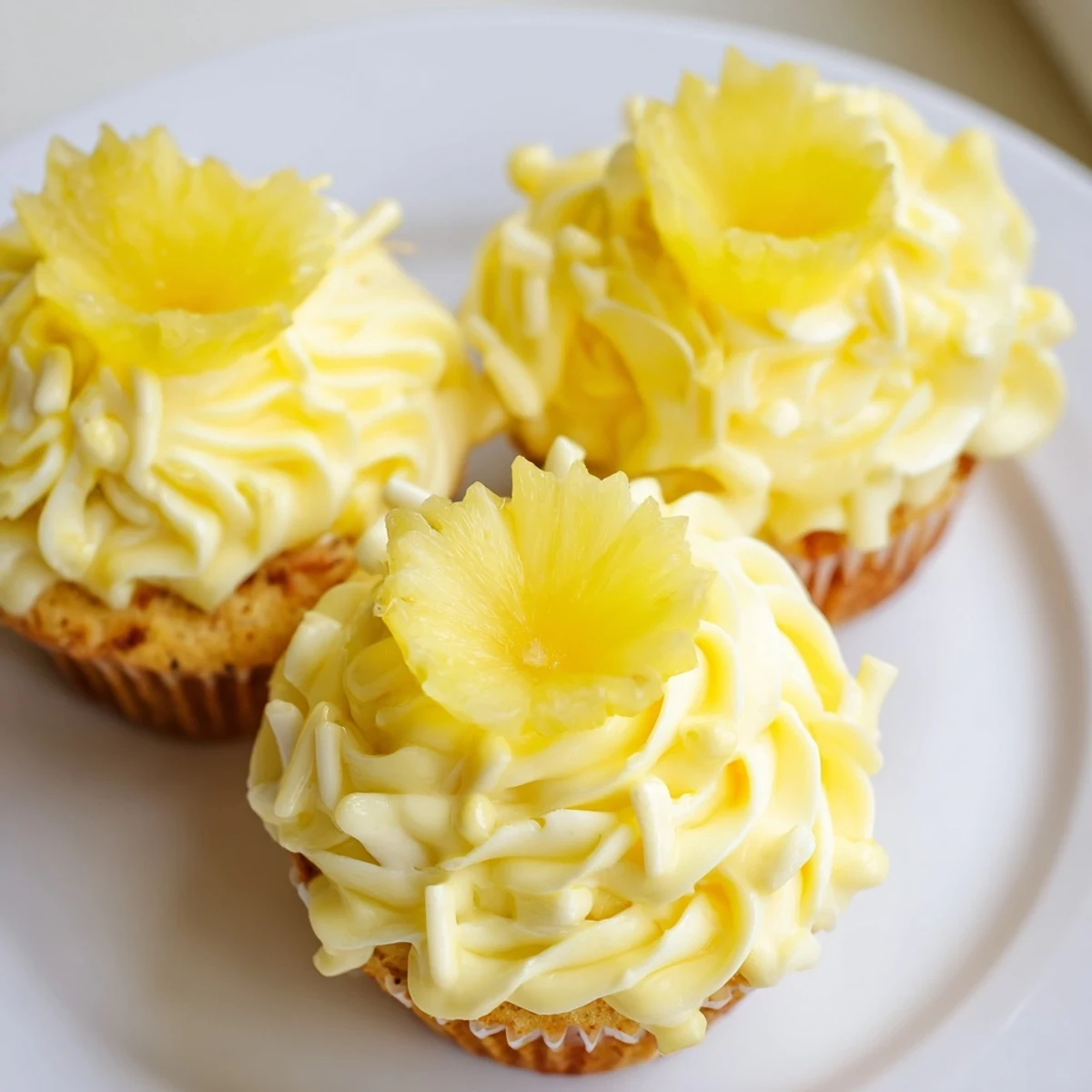 Mini tropical Dole Whip Cupcakes Recipe plated with maraschino cherry and dried pineapple