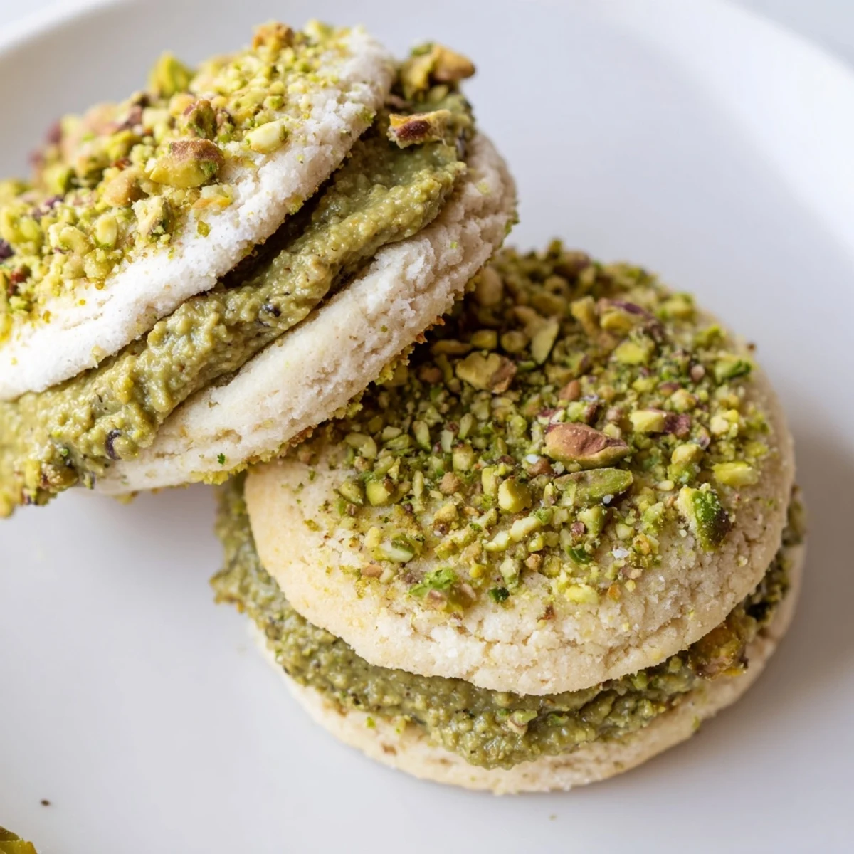 Warm Pistachio Cream Cookies Recipe stacked beside a teacup, green filling visible  