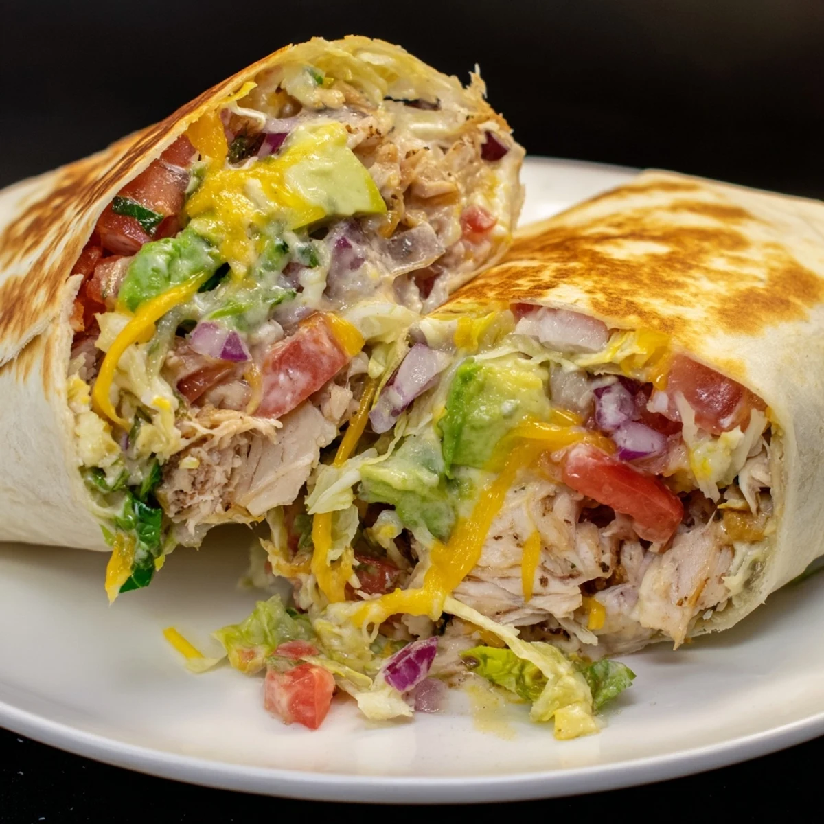 Skillet-seared Chicken Avocado Ranch Burritos served with cilantro, fresh tomato salsa  