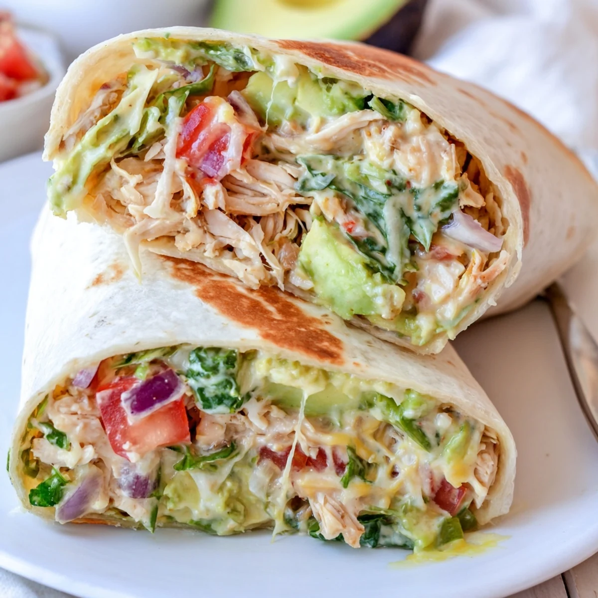 Toasty Chicken Avocado Ranch Burritos sliced open, creamy filling and melty cheese  