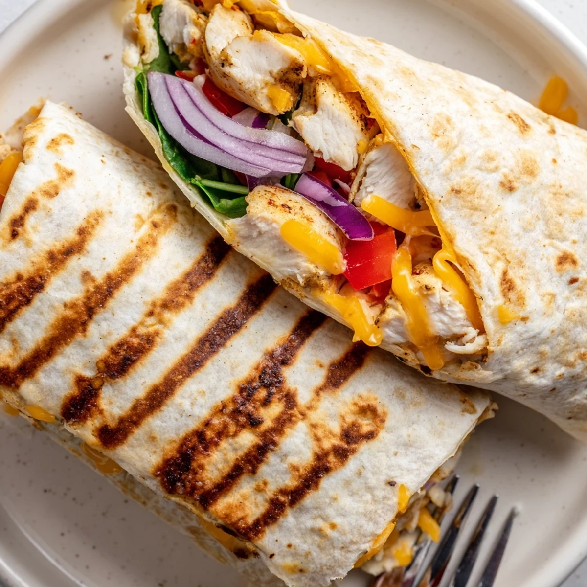 Warm Cozy Cheesy Garlic Chicken Wraps sliced, steam rising, melted cheese pull