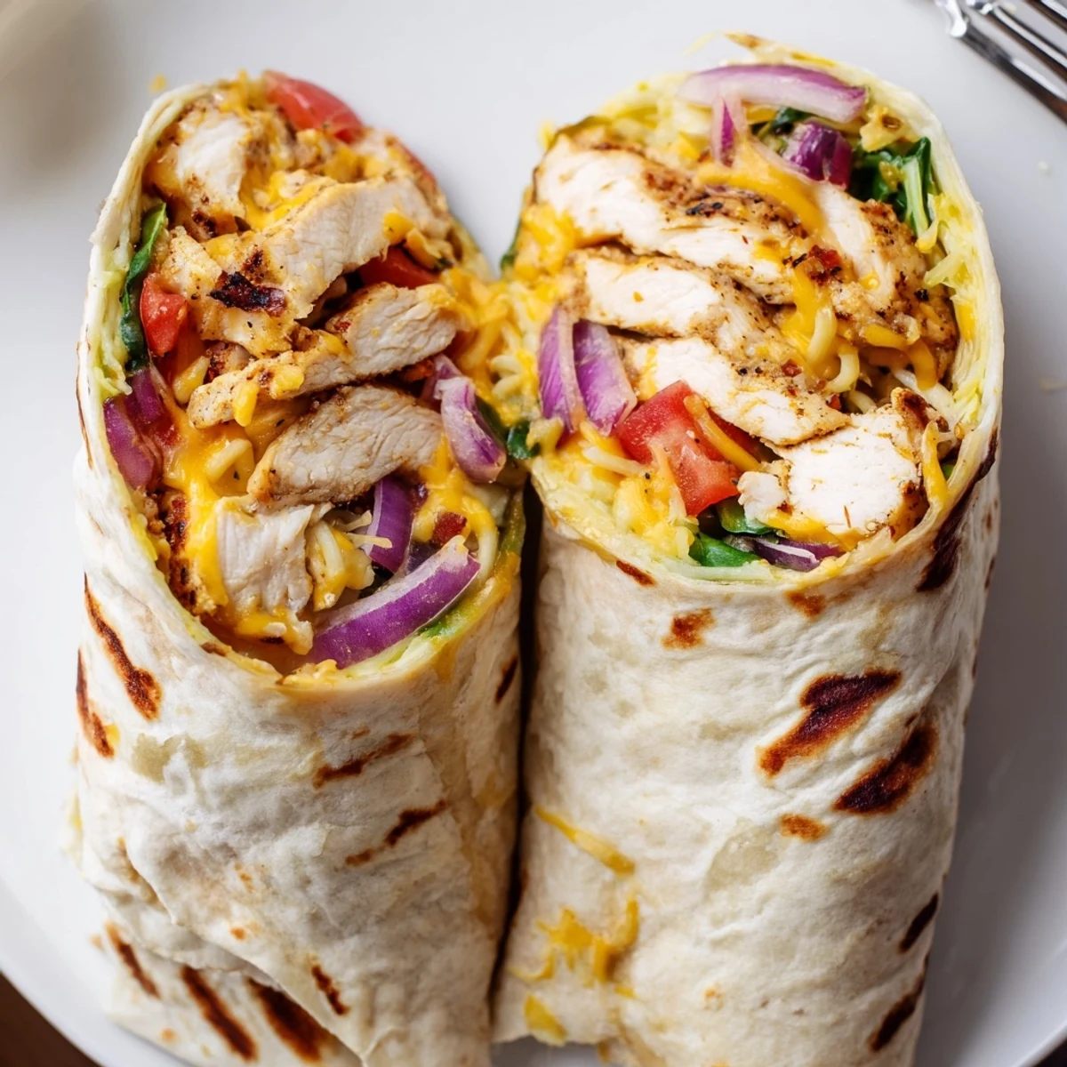 Skillet-seared Cozy Cheesy Garlic Chicken Wraps, golden edges and gooey cheese inside