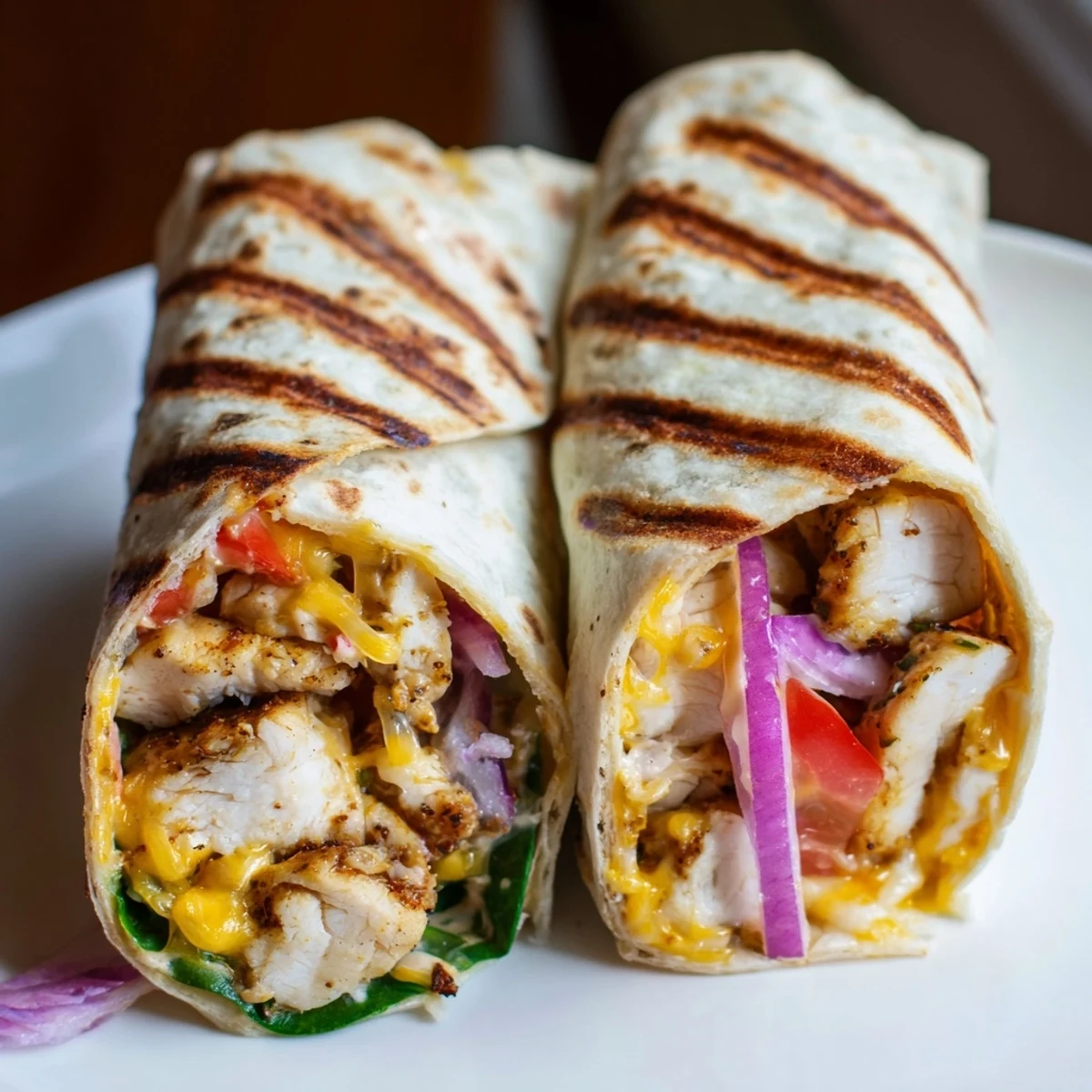 Family-style Cozy Cheesy Garlic Chicken Wraps served halved with fresh tomato and spinach