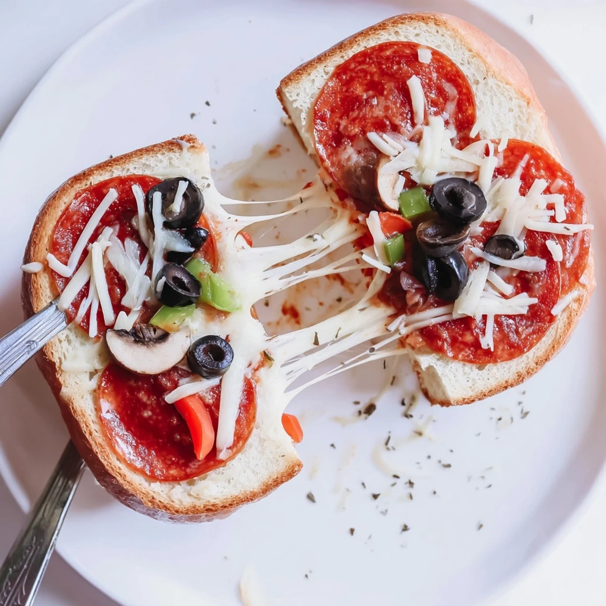 Toasty Pie Iron Pizza Pockets sliced open, melted cheese stretching, herbs sprinkled