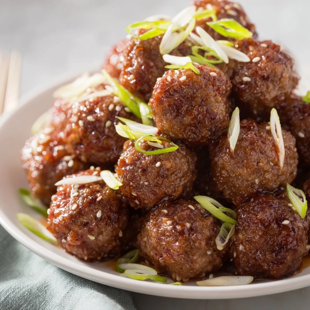 Firecracker Meatballs glistening in glossy spicy-sweet sauce, garnished with sliced scallions