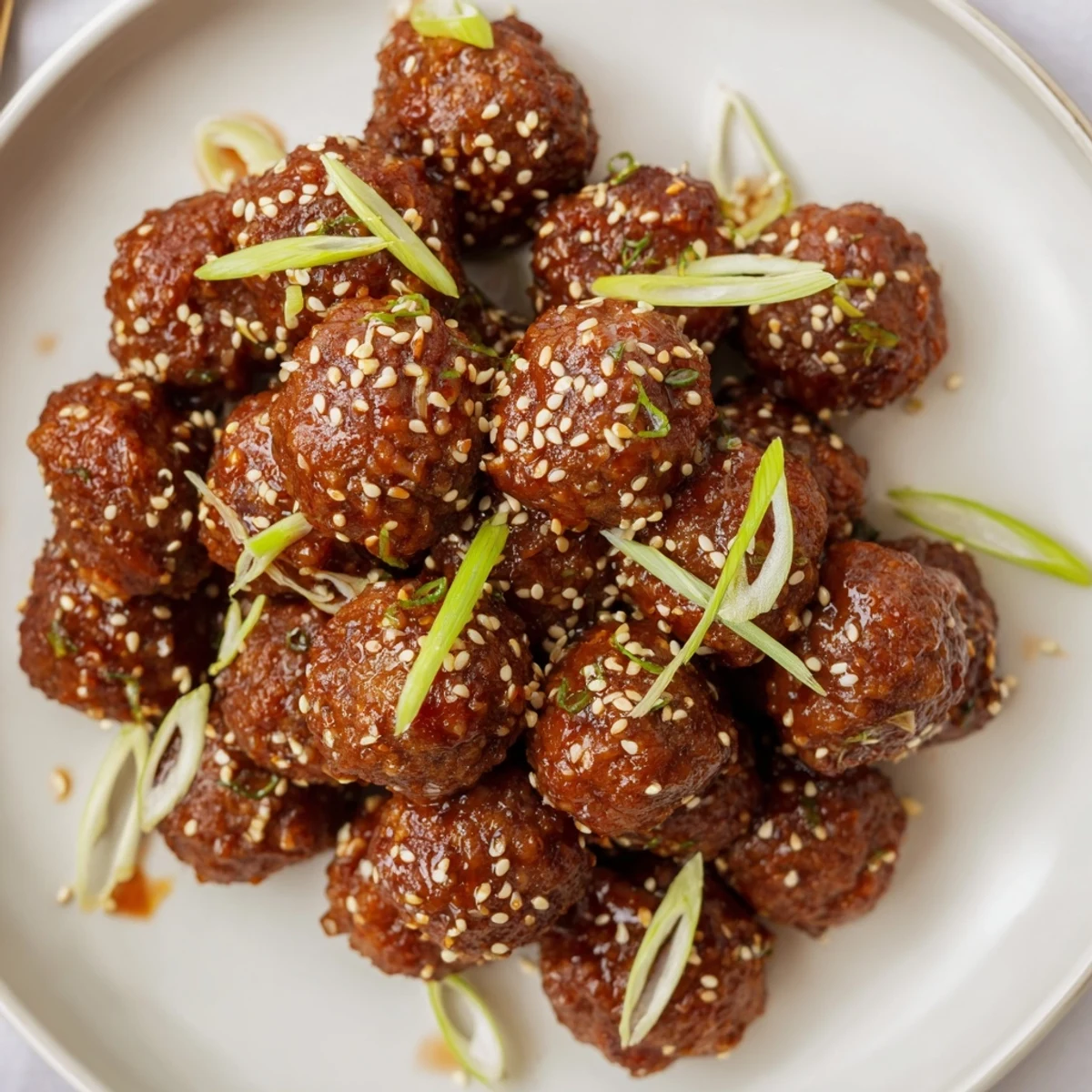Baked Firecracker Meatballs piled on rice, sesame seeds and sticky sauce