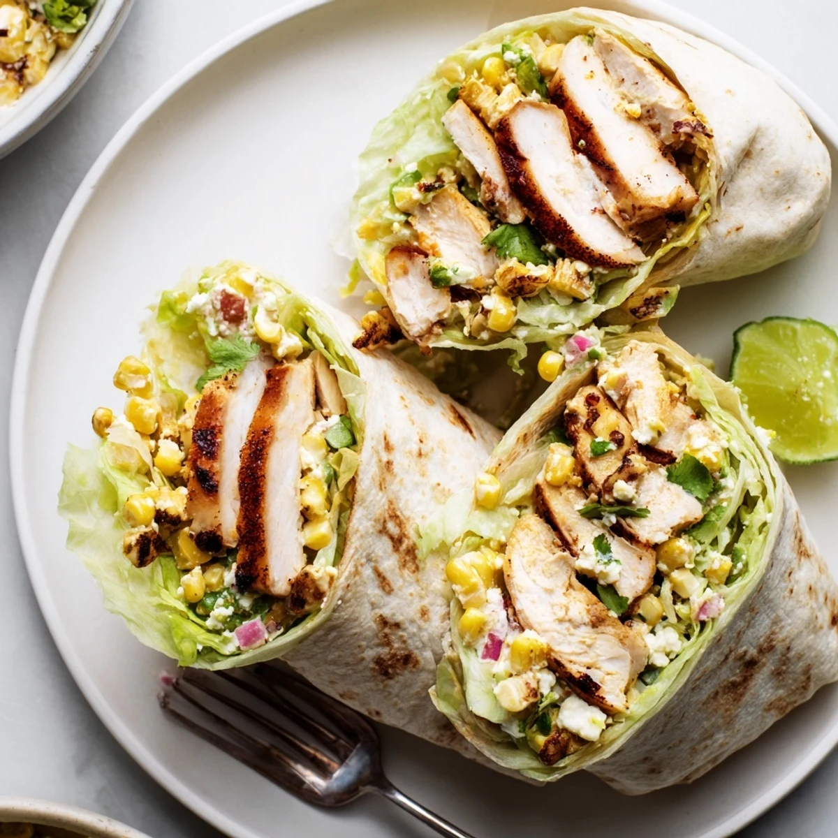 Quick Mexican Street Corn Chicken Wraps topped with crumbled cotija, charred corn.
