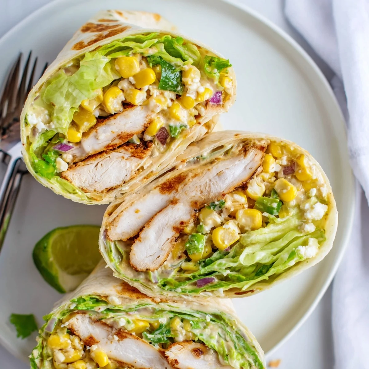 Sliced grilled chicken in Quick Mexican Street Corn Chicken Wraps, served with lime.