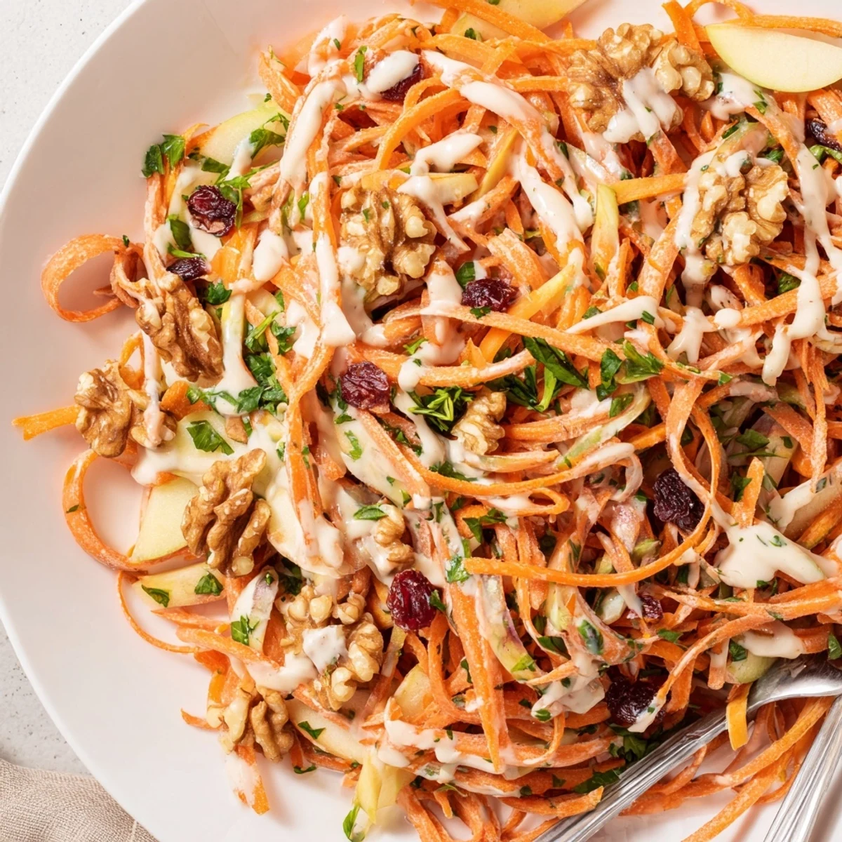 Bright Crunchy Apple Carrot Salad With Creamy Citrus Dressing tossed with raisins and parsley