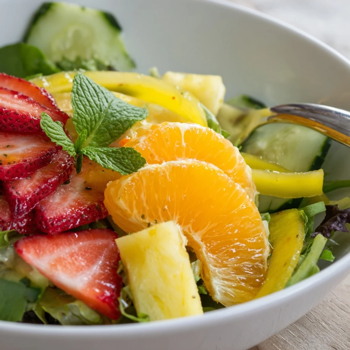 Bright Sunshine Salad tossed in honey-lime dressing, served chilled for summer.