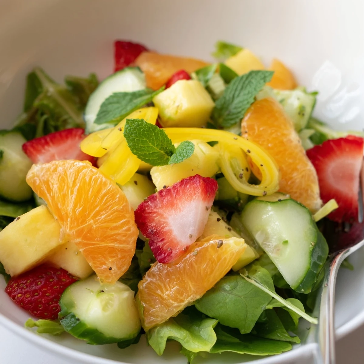 Large bowl of Sunshine Salad: crisp cucumber, pineapple, strawberries, fragrant mint.