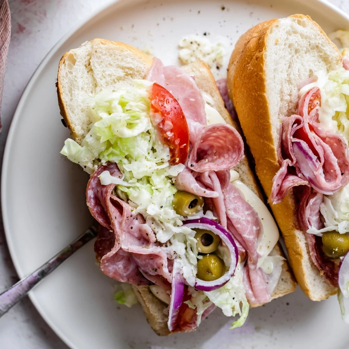 Italian Grinder Salad Sandwich piled high with crisp lettuce, tangy pepperoncini.  