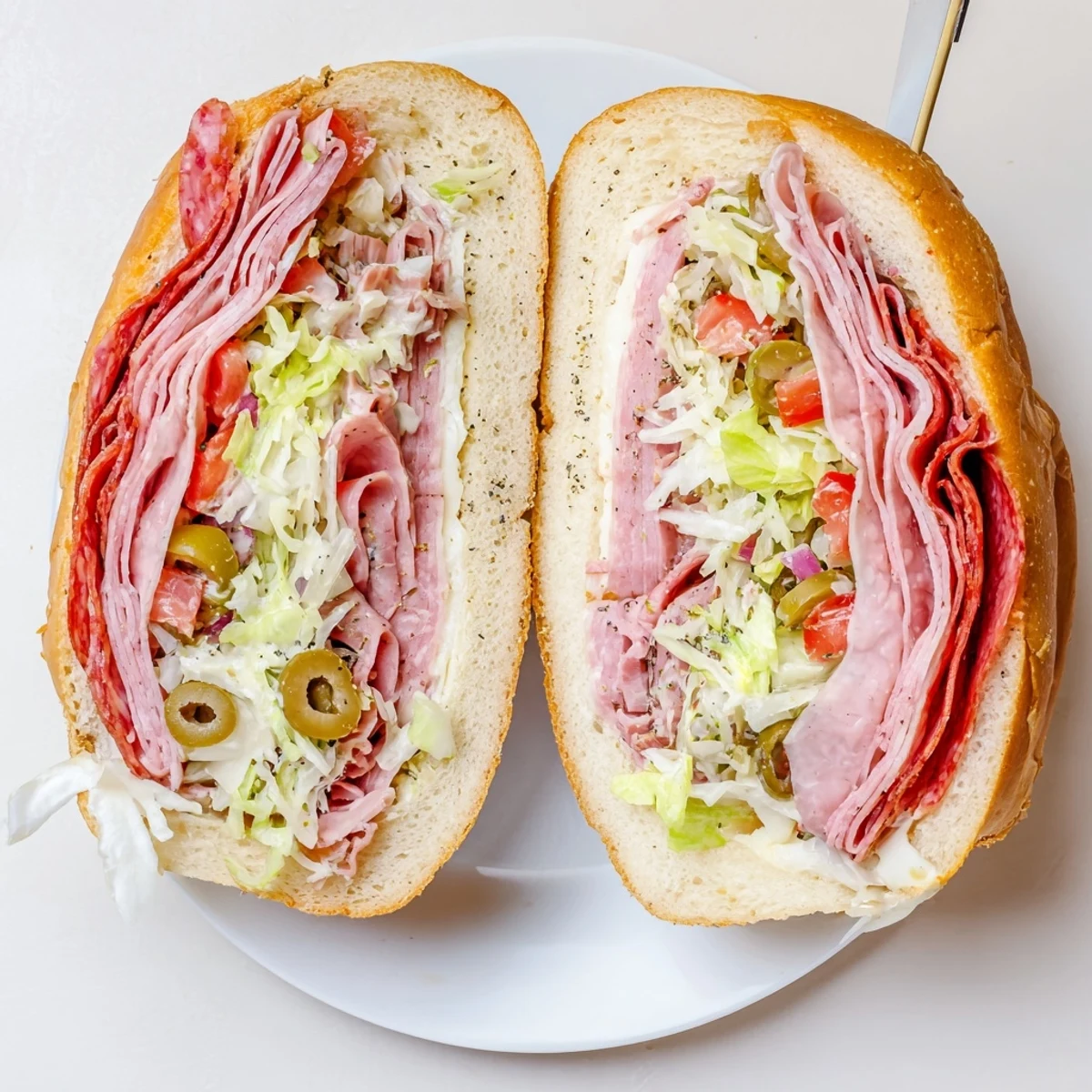 Hearty Italian Grinder Salad Sandwich layered with provolone, salami, and crunchy rolls.  