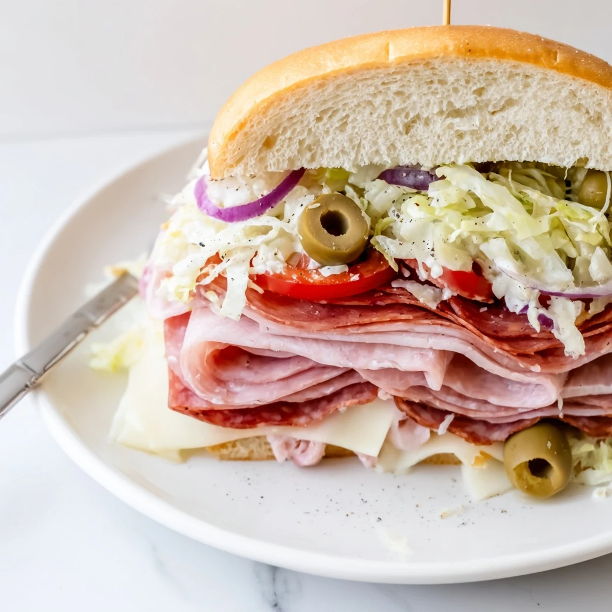 Serve Italian Grinder Salad Sandwich halves with cold lager or crisp side salad.