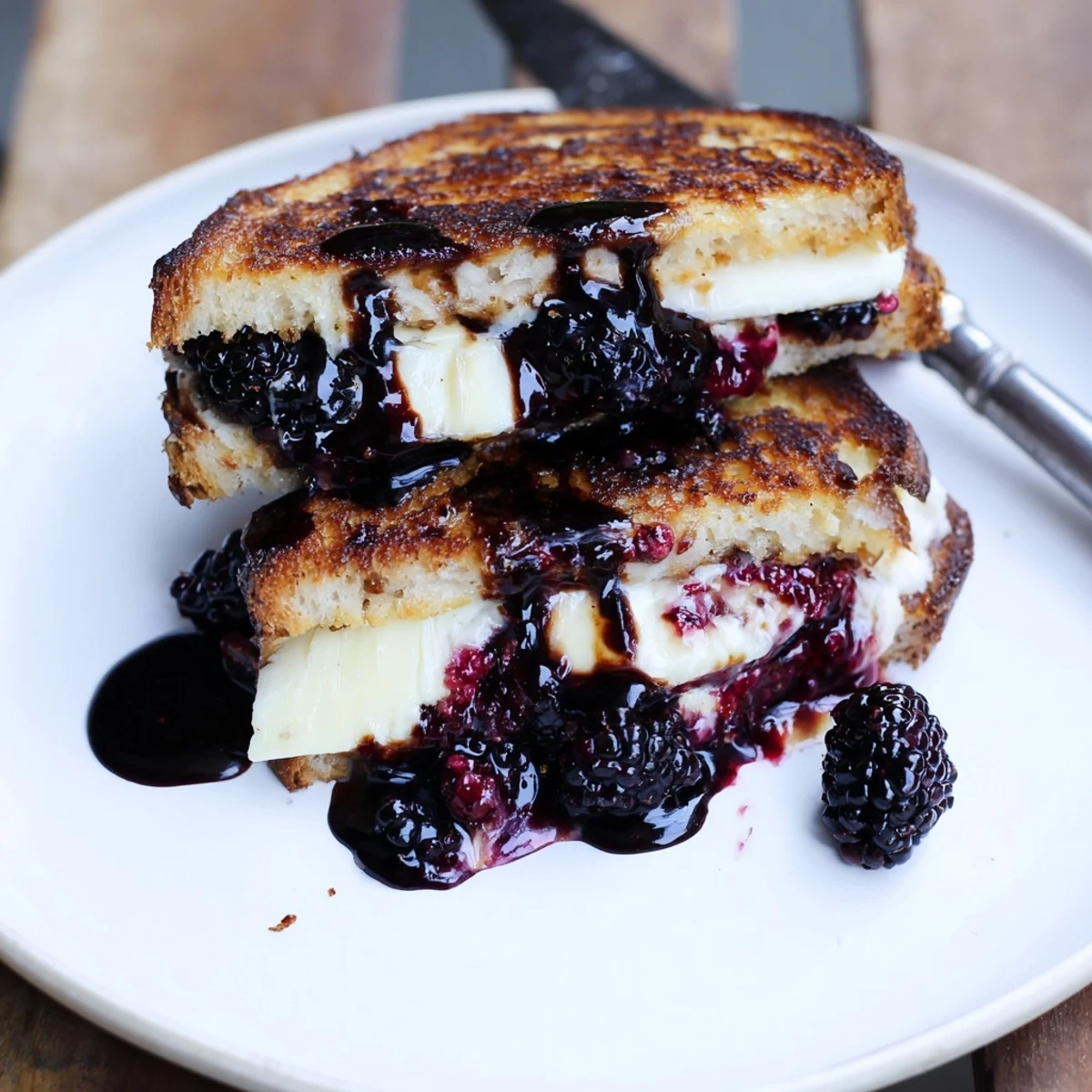 Warm Blackberry Balsamic and Brie Grilled Cheese with oozing cheese and jammy berries
