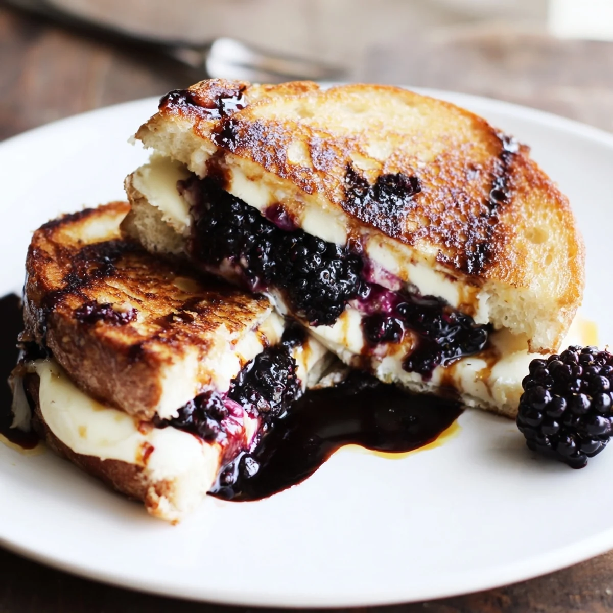 Toasted Blackberry Balsamic and Brie Grilled Cheese sliced, served warm with creamy center