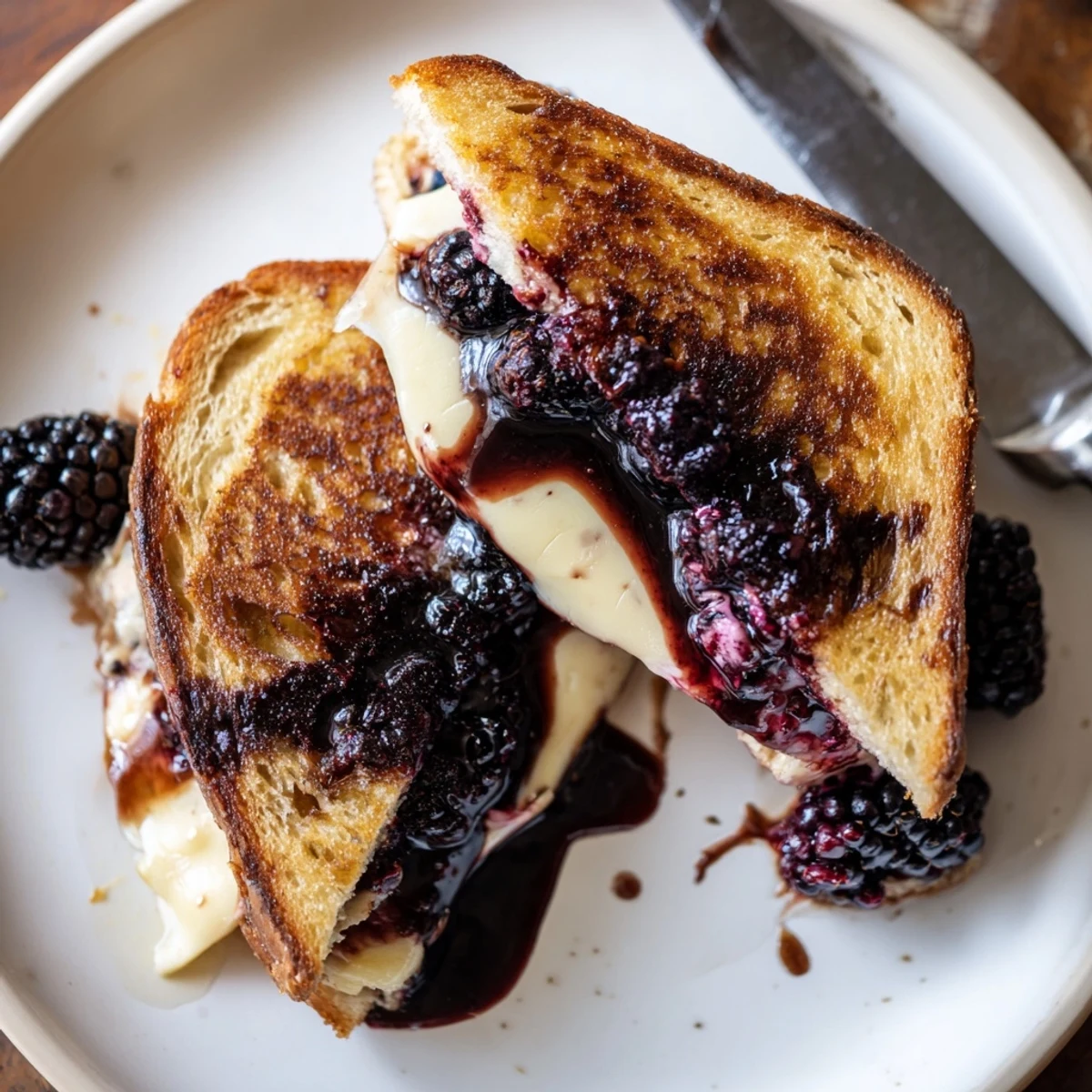 Buttery crusted Blackberry Balsamic and Brie Grilled Cheese, balsamic glaze shining, plate-ready