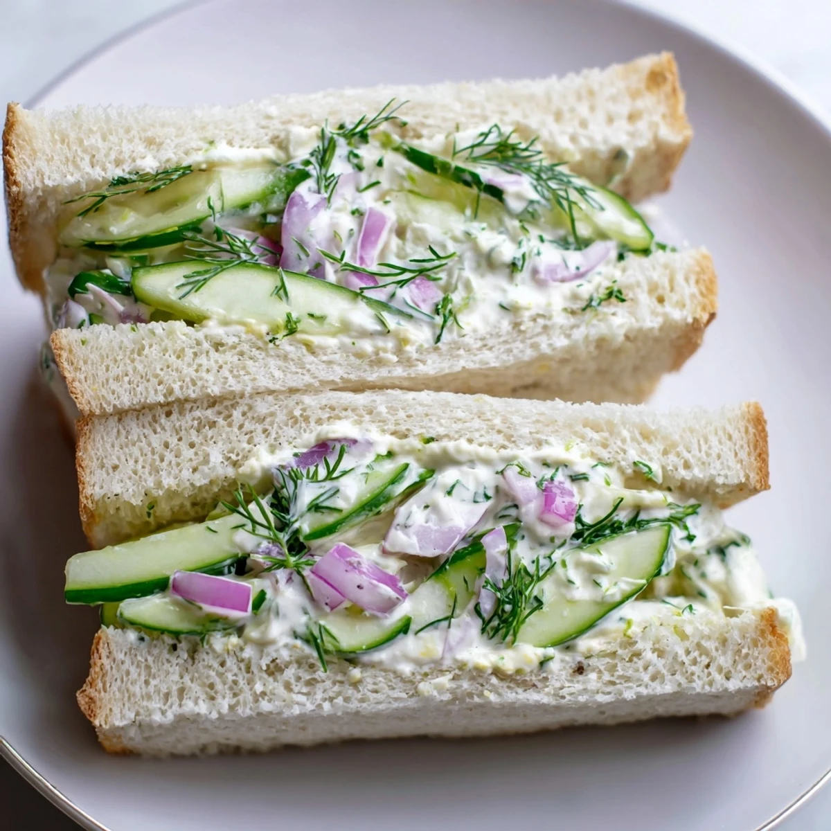 Quick Cucumber Salad Sandwiches sliced into triangles, ideal for light afternoon tea