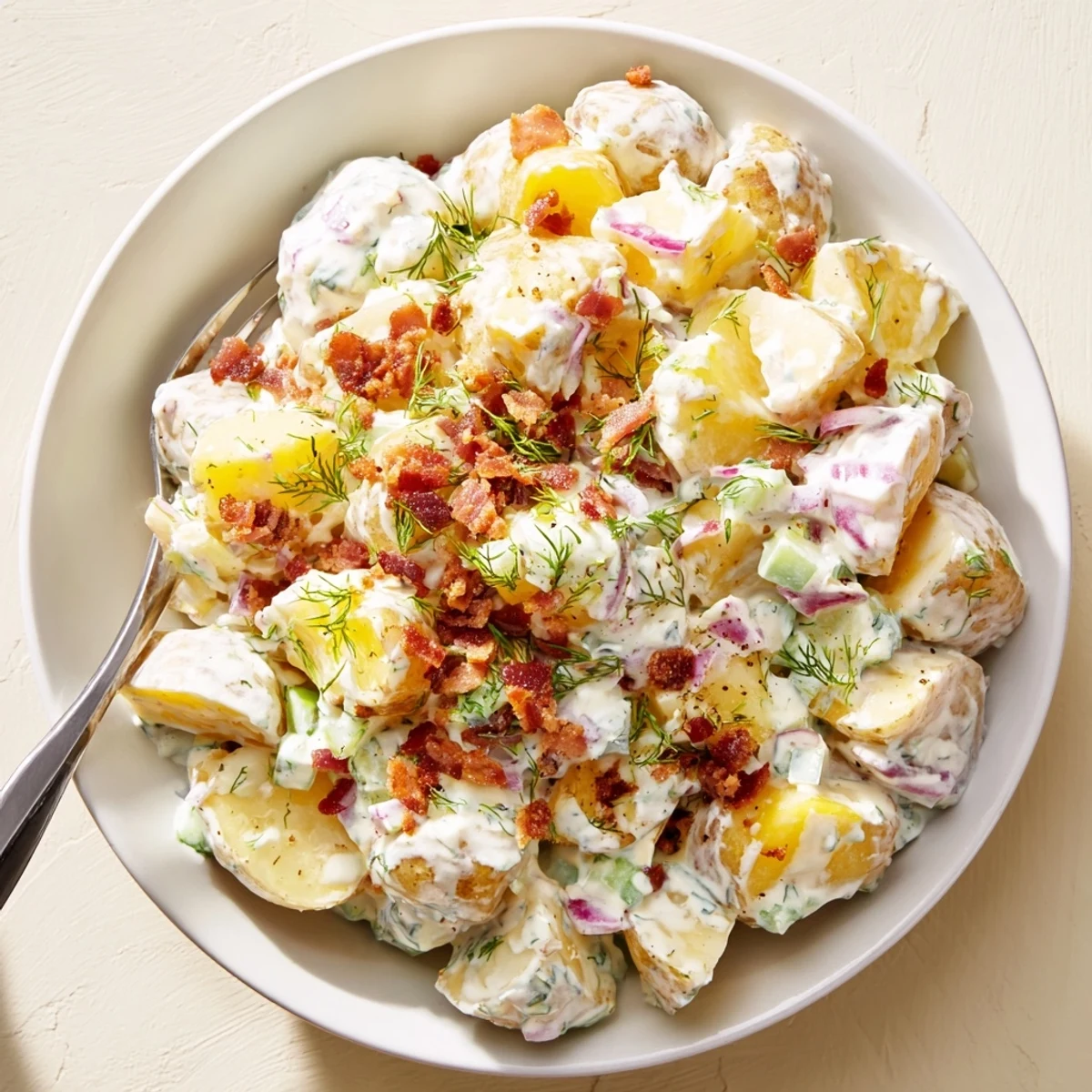 Steakhouse Potato Salad with creamy dressing, crispy bacon, perfect alongside grilled steak.