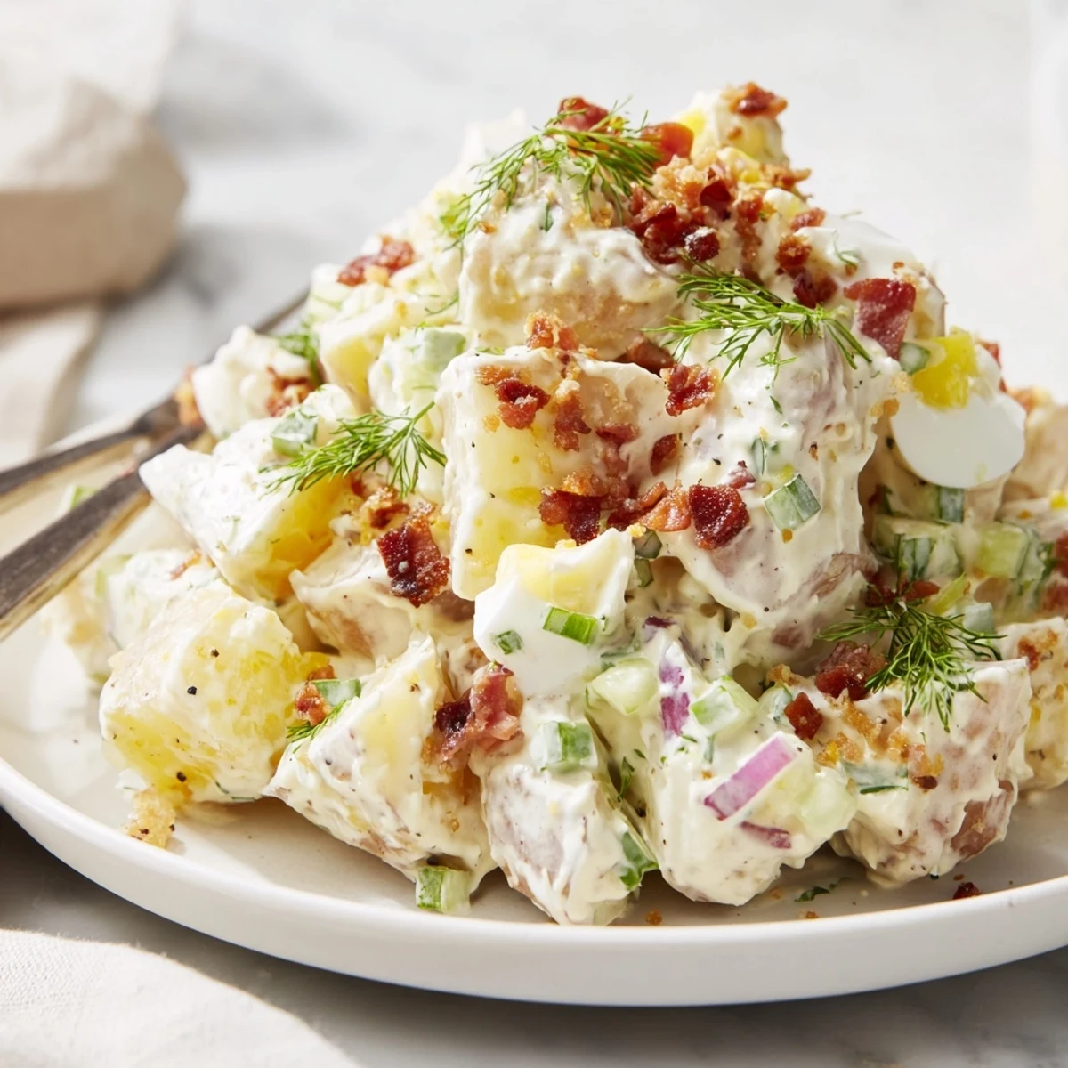 Chunky Steakhouse Potato Salad tossed warm, tangy pickles and fresh chives.