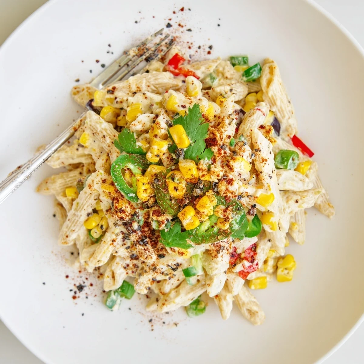Bright Street Corn Pasta Salad tossed with lime, smoky paprika, chilled for serving
