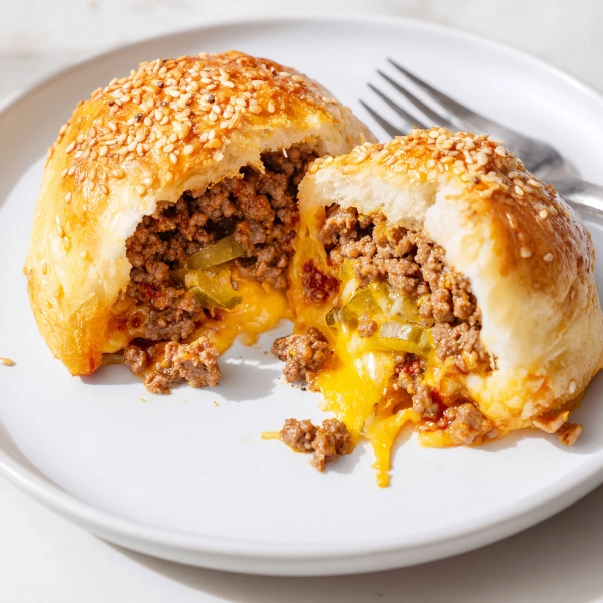 Golden brown Cheesy Cheeseburger Bombs oozing cheddar, sesame topped, served with ketchup.