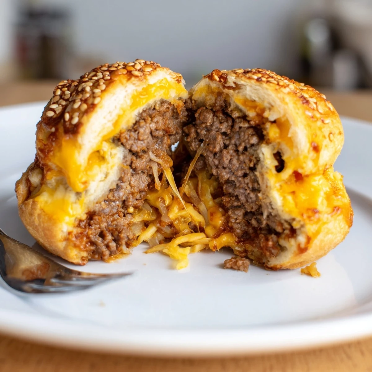 Crisp biscuit wrapped Cheesy Cheeseburger Bombs, tangy pickle bits, ready for dipping.