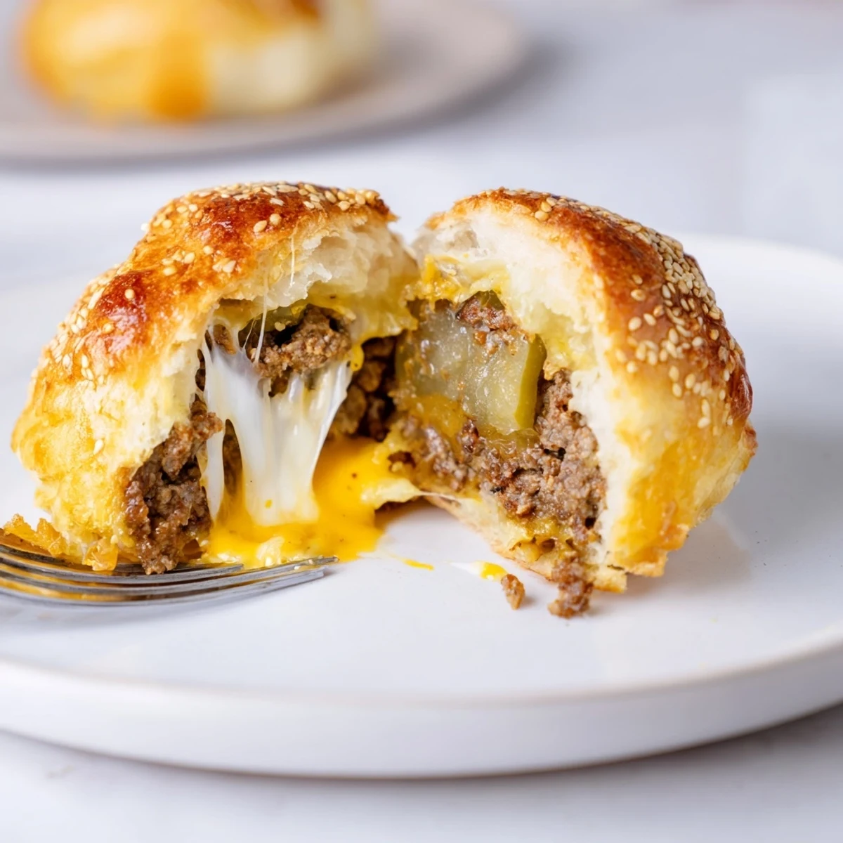 Fresh from oven Cheesy Cheeseburger Bombs, juicy beef and melted mozzarella.