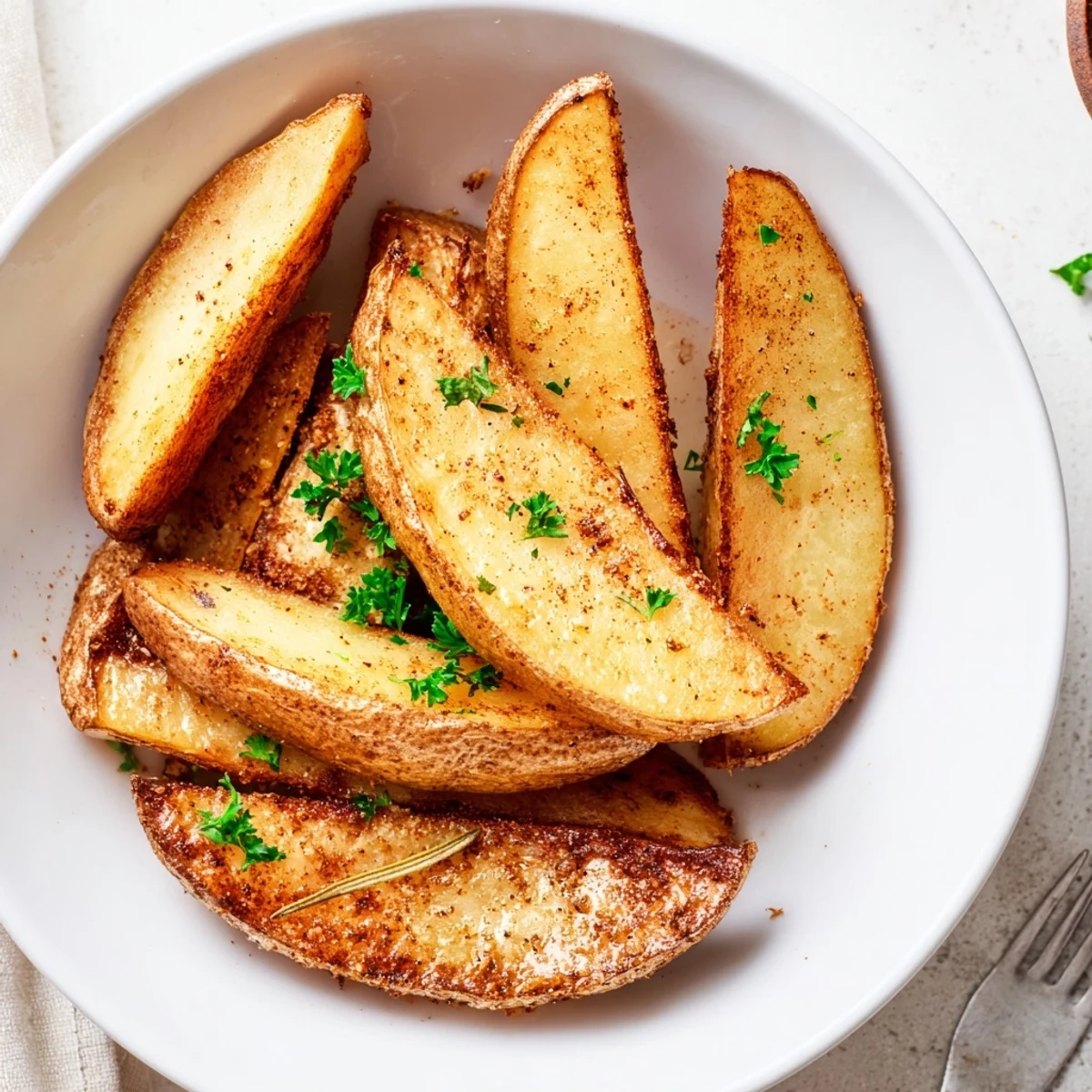 Golden oven-baked potato wedges with crispy edges and fluffy centers, sprinkled with parsley.