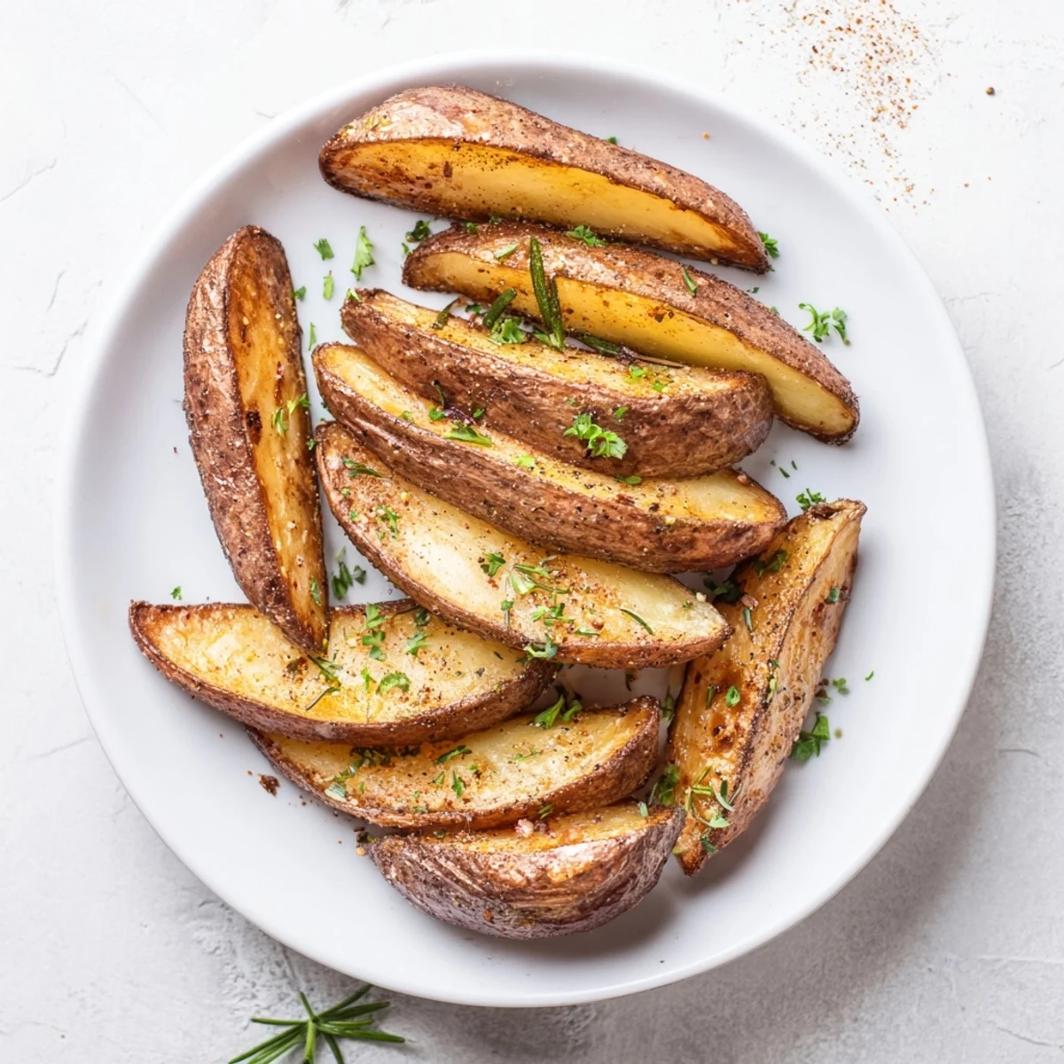 Crispy potato wedges served hot on a baking sheet beside garlic aioli dip.
