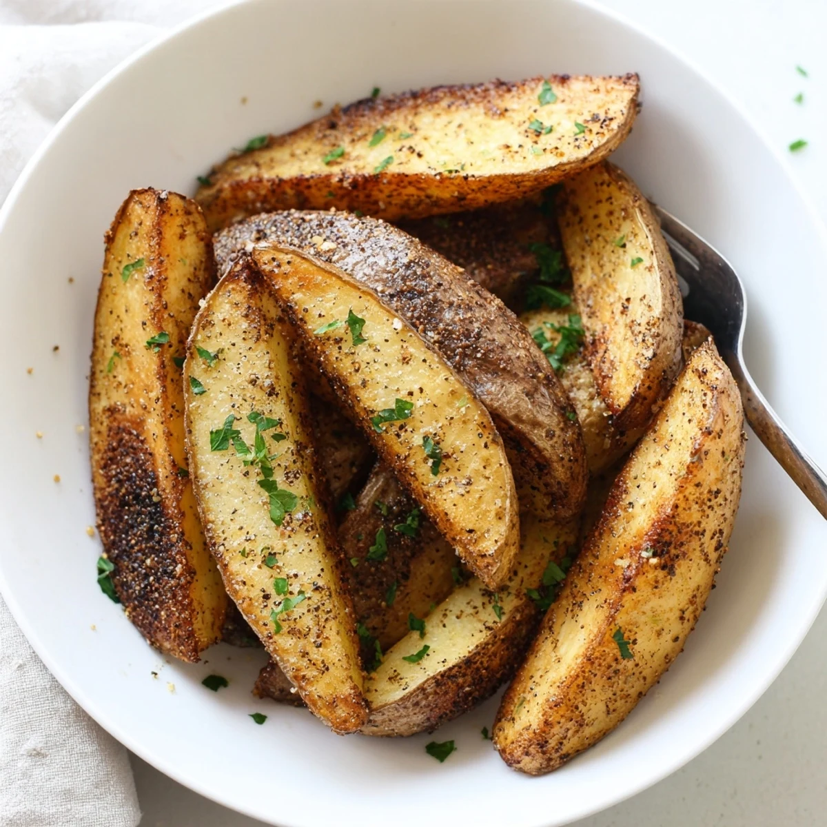 Seasoned potato wedges roasted to golden brown, perfect with ketchup or aioli.