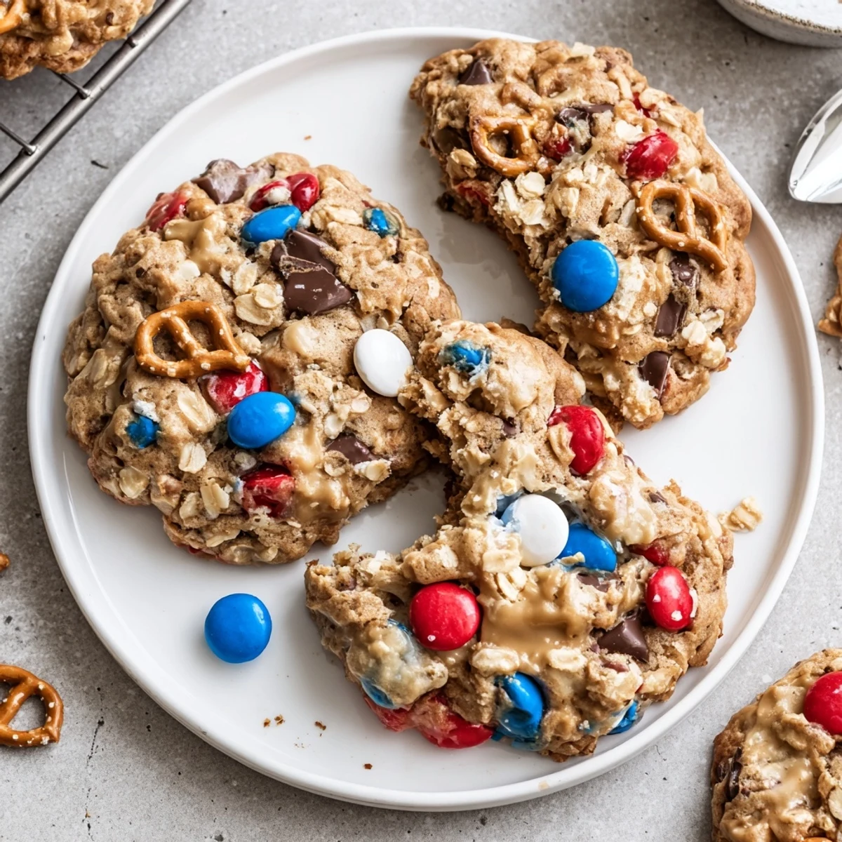 Patriotic Monster Cookies recipe: chewy oats, peanut butter, and colorful candies on platter