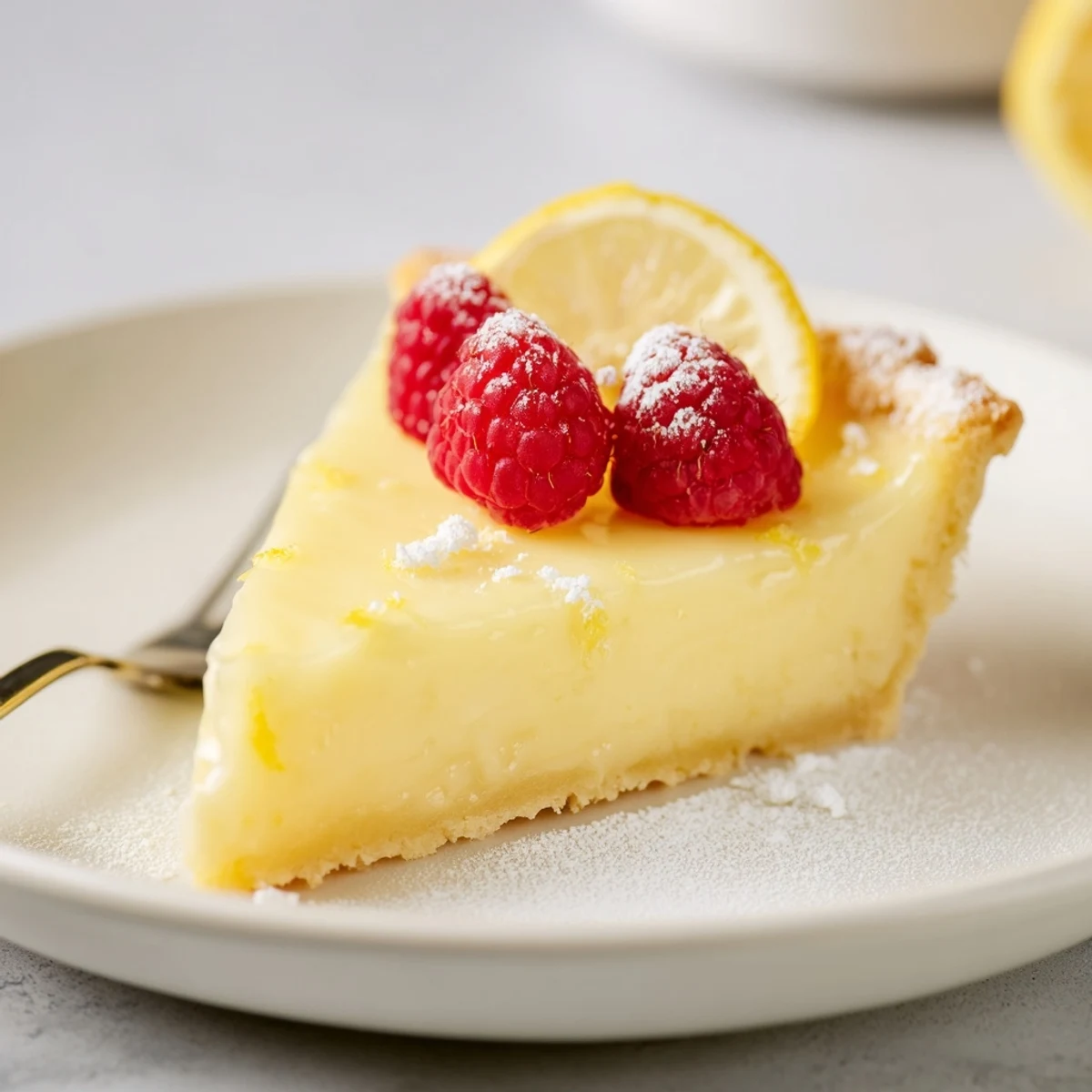Creamy Lemon Tart Recipe showing velvety filling, crisp buttery crust, powdered sugar dusting