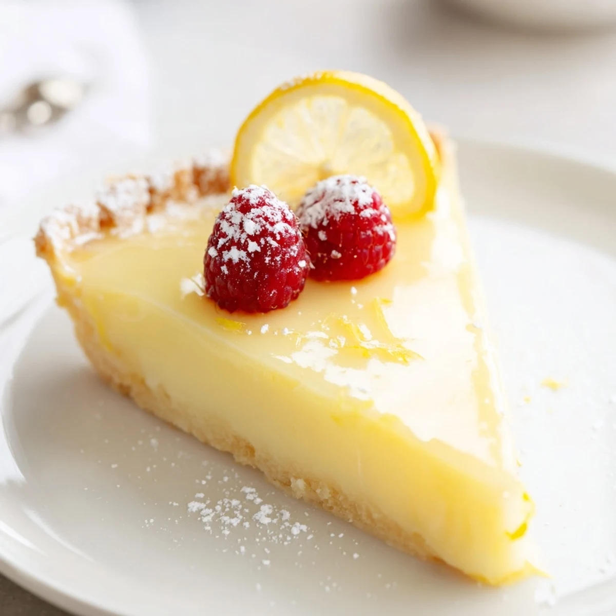 Sliced Creamy Lemon Tart Recipe on plate, bright citrus aroma, chilled