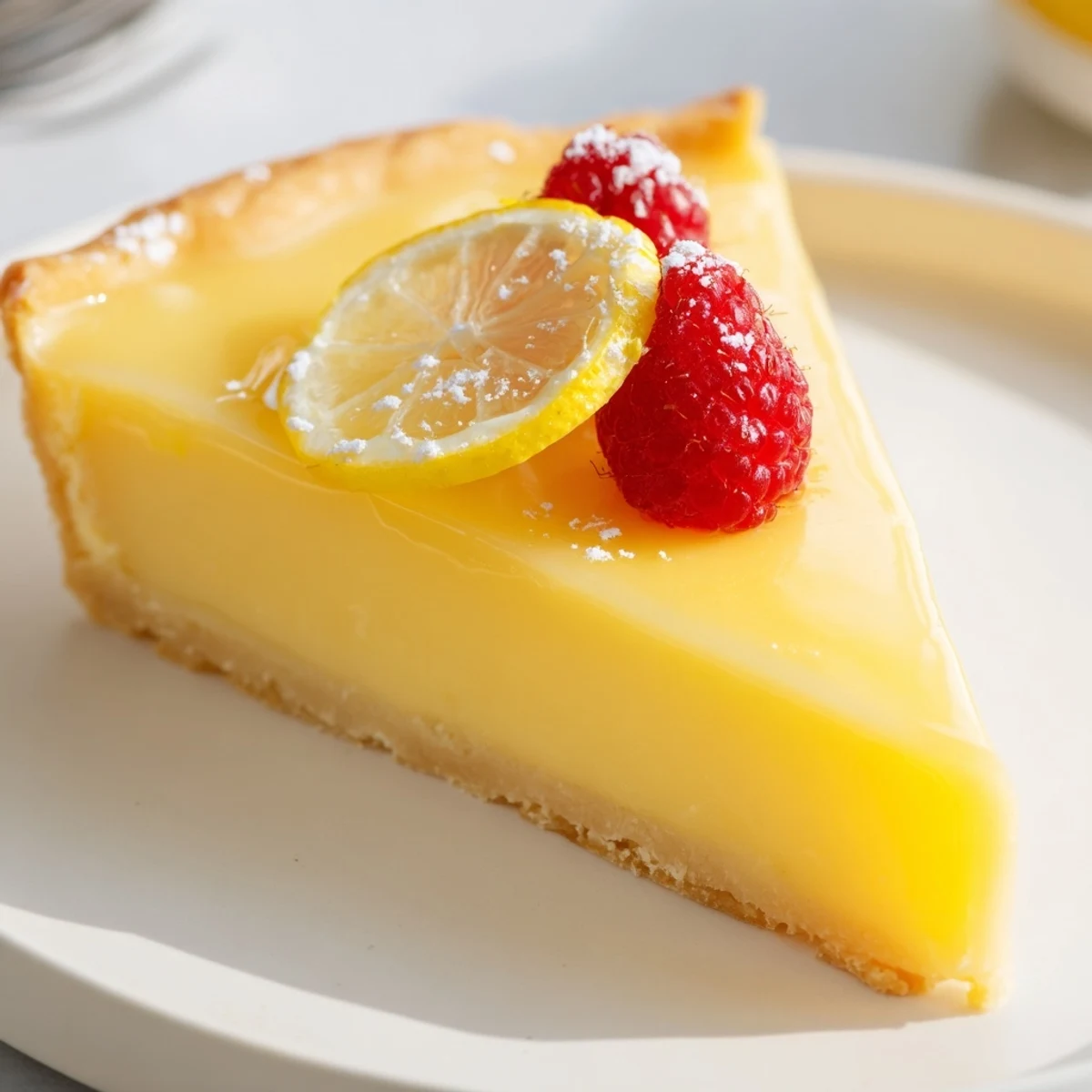 Homemade Creamy Lemon Tart Recipe garnished with berries, tangy, smooth finish
