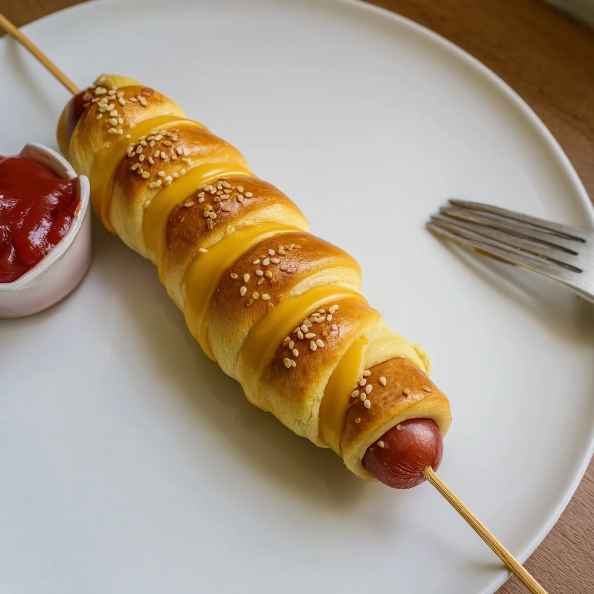 Firecracker Hot Dogs Recipe with skewered, crescent-wrapped hot dogs, golden crust