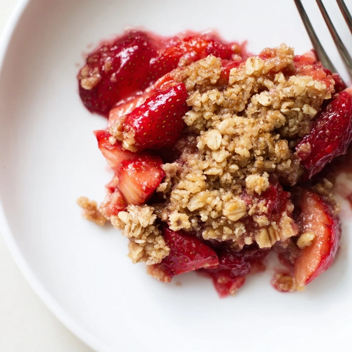 Fresh Strawberry Crisp Recipe bubbling golden in baking dish, topped with vanilla ice cream