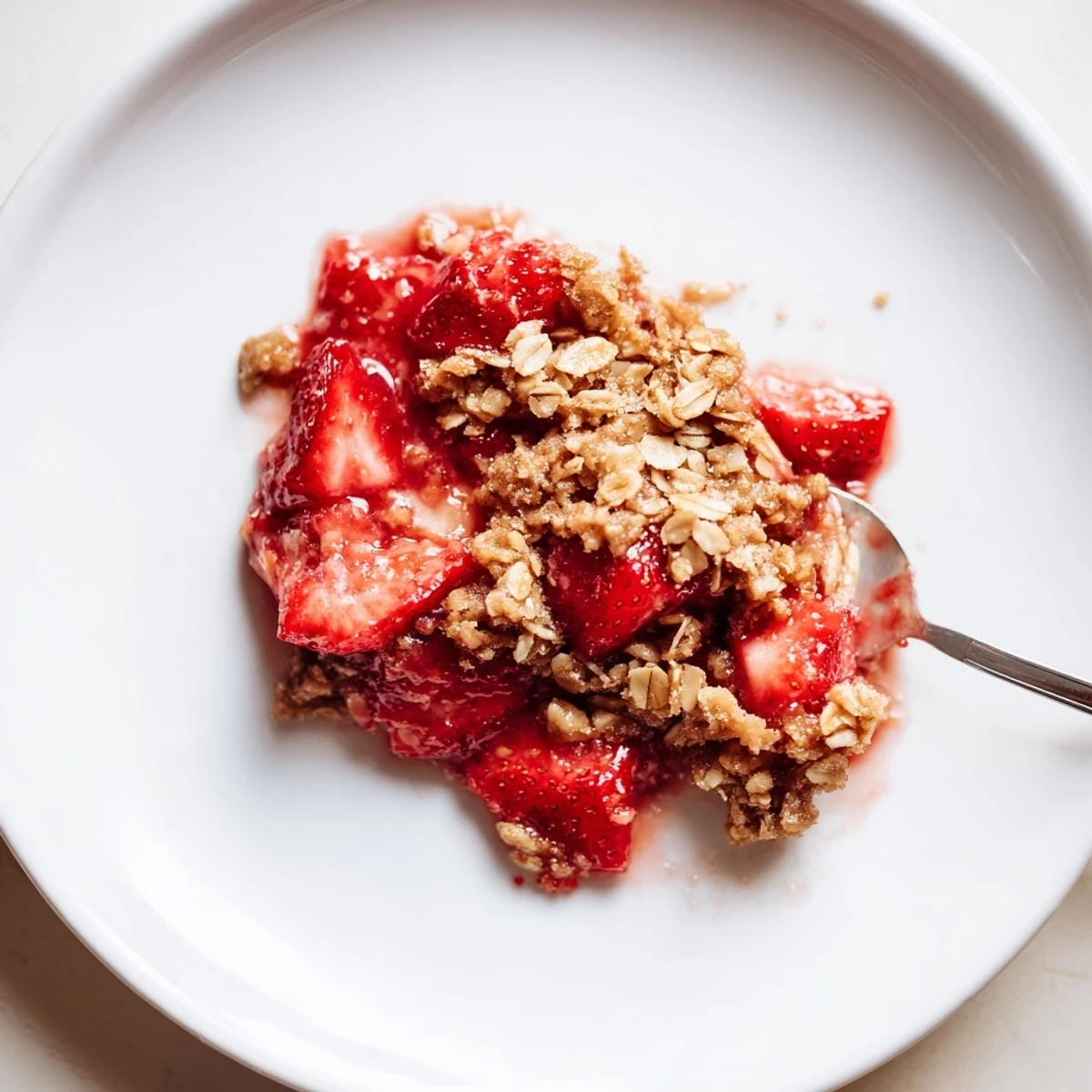 Warm Fresh Strawberry Crisp Recipe with buttery oat topping, juicy strawberries visible