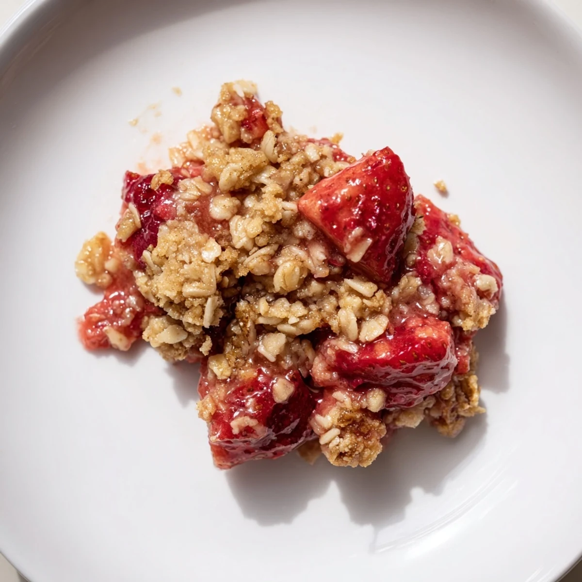 Slice of Fresh Strawberry Crisp Recipe served warm, steam rising, cinnamon-scented