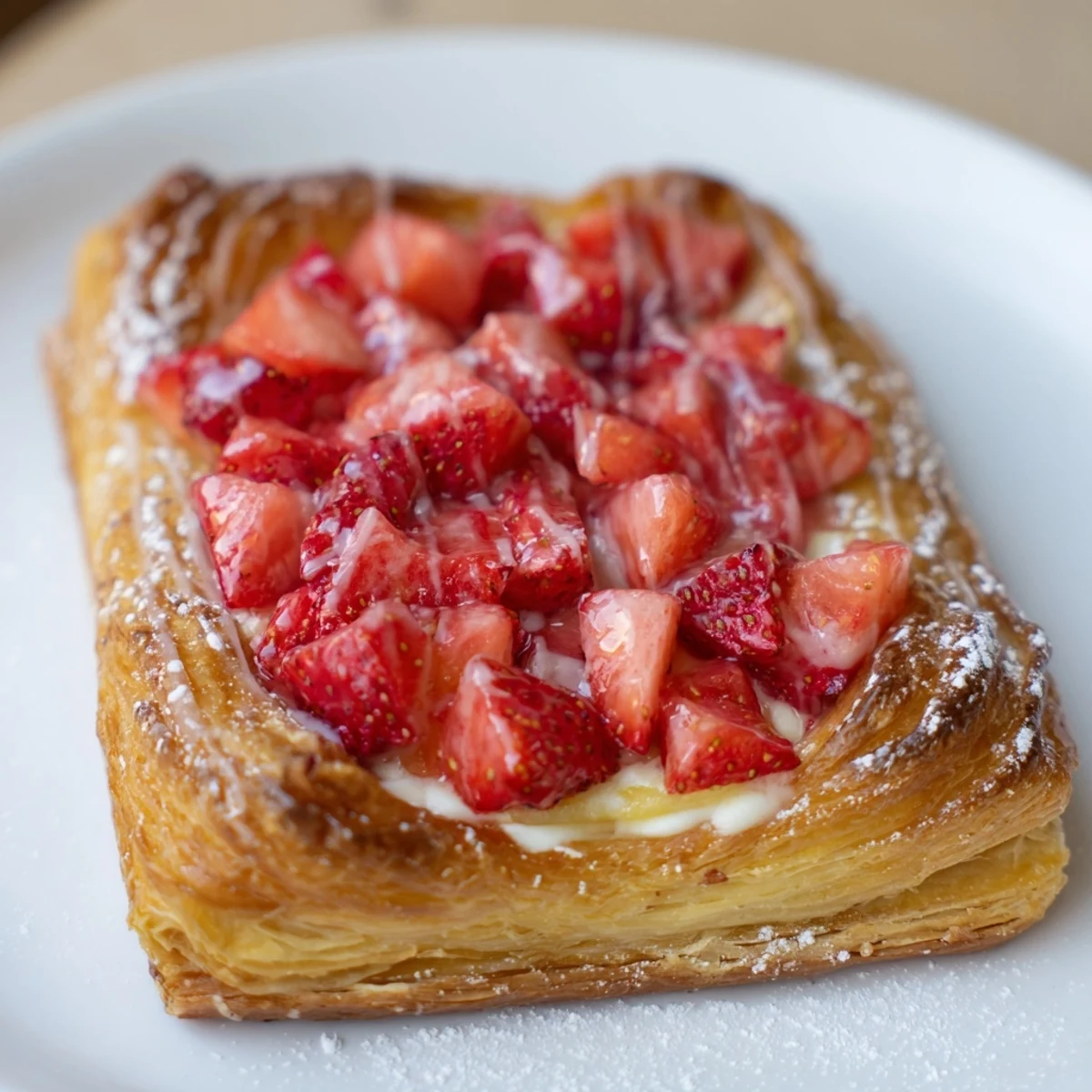 Warm Strawberry Danish recipe with glossy glazed strawberries on flaky golden pastry