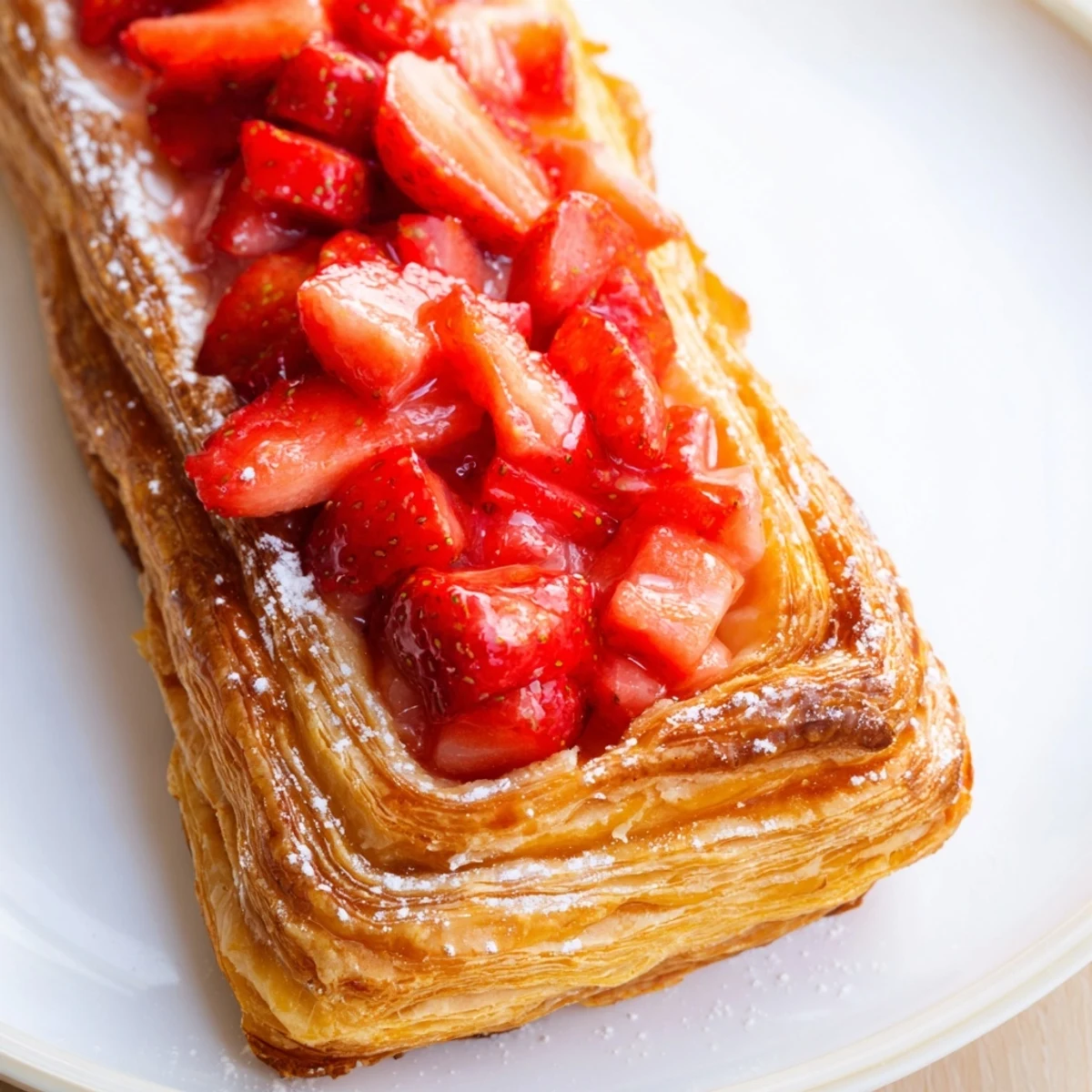 Strawberry Danish recipe plated with powdered-sugar glaze, juicy strawberries and warm steam