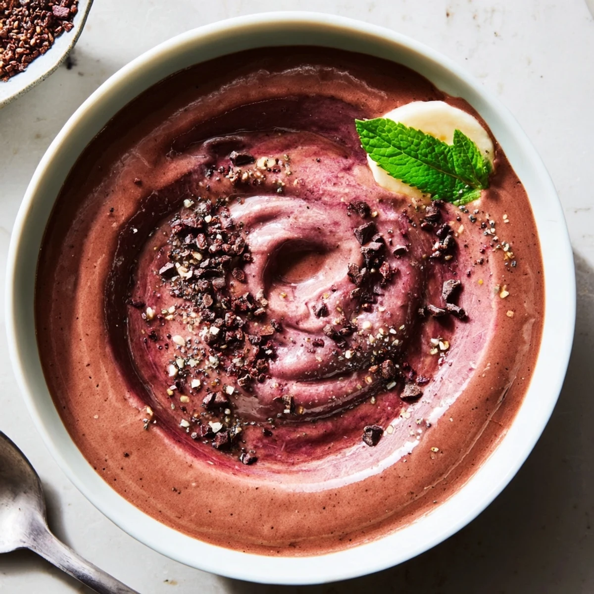 Thick Chocolate Beet Smoothie swirled with banana and almond milk, vibrant magenta color