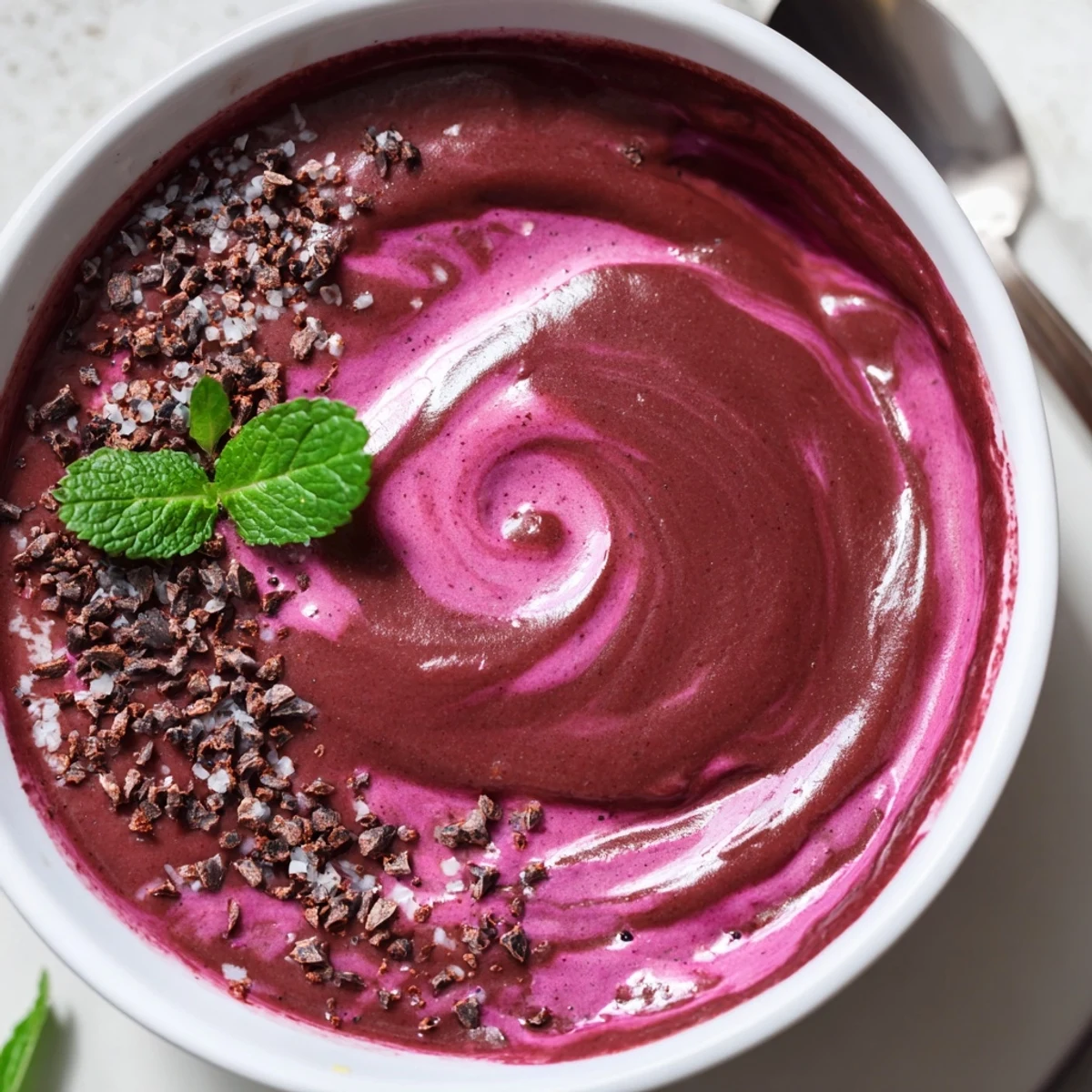 Frosty Chocolate Beet Smoothie topped with cacao nibs and fresh mint