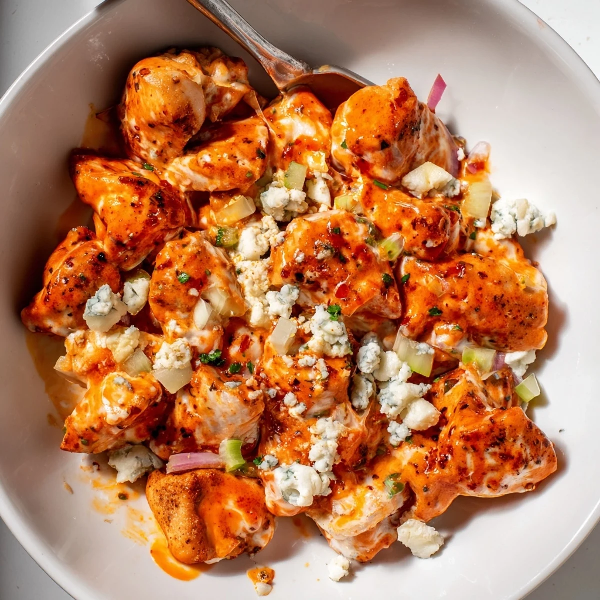 Keto Buffalo Chicken Skillet bubbling with spicy sauce, tender chicken bites
