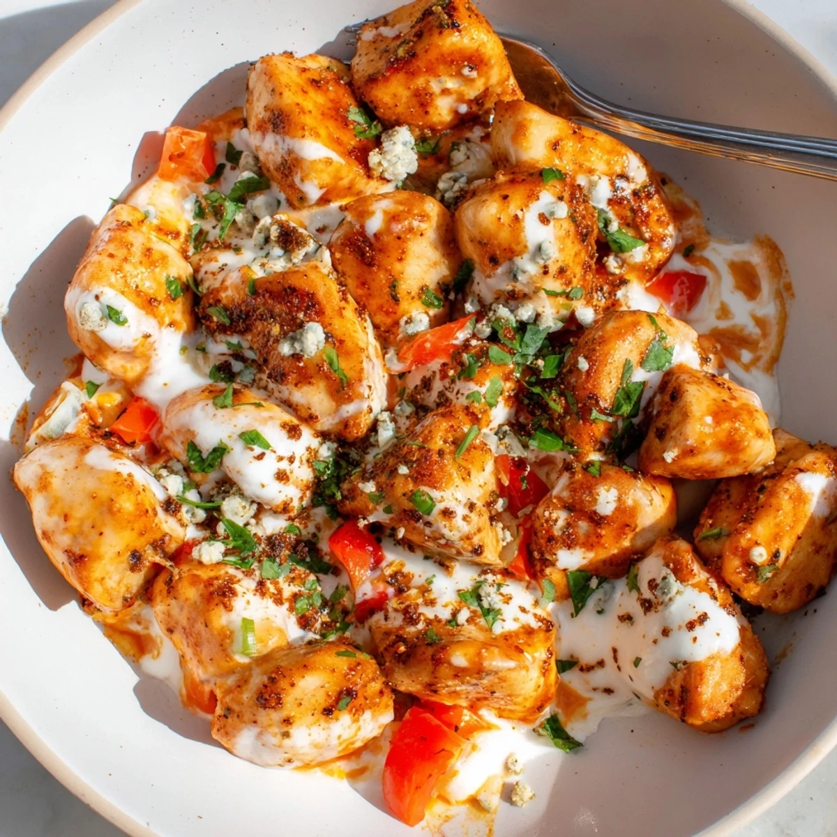 Hearty Keto Buffalo Chicken Skillet topped with melted mozzarella and parsley