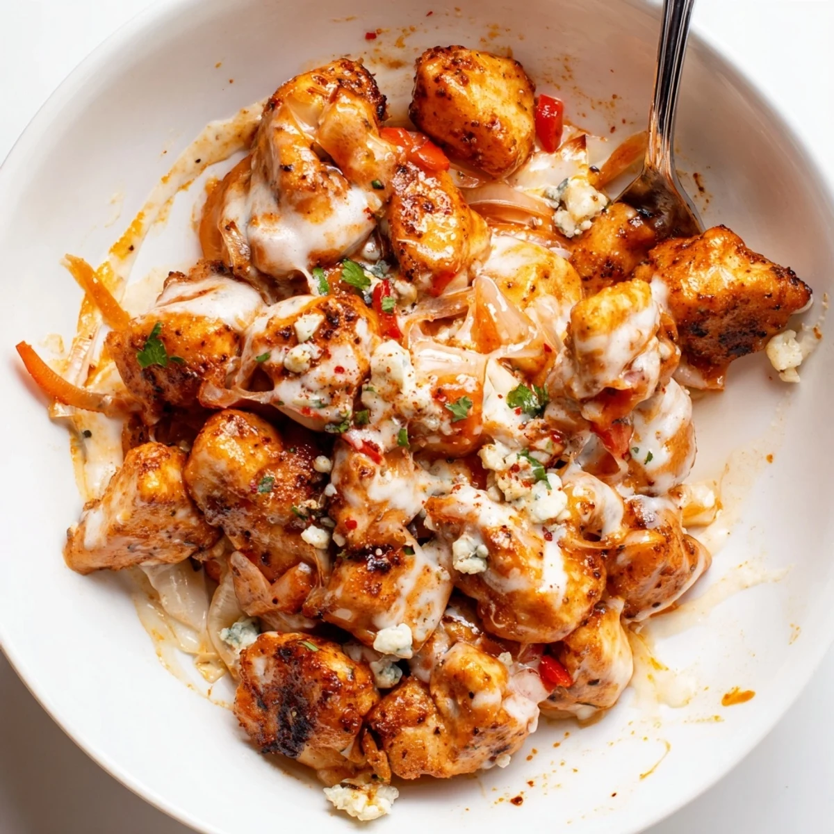 Weeknight Keto Buffalo Chicken Skillet served over cauliflower rice, tangy heat