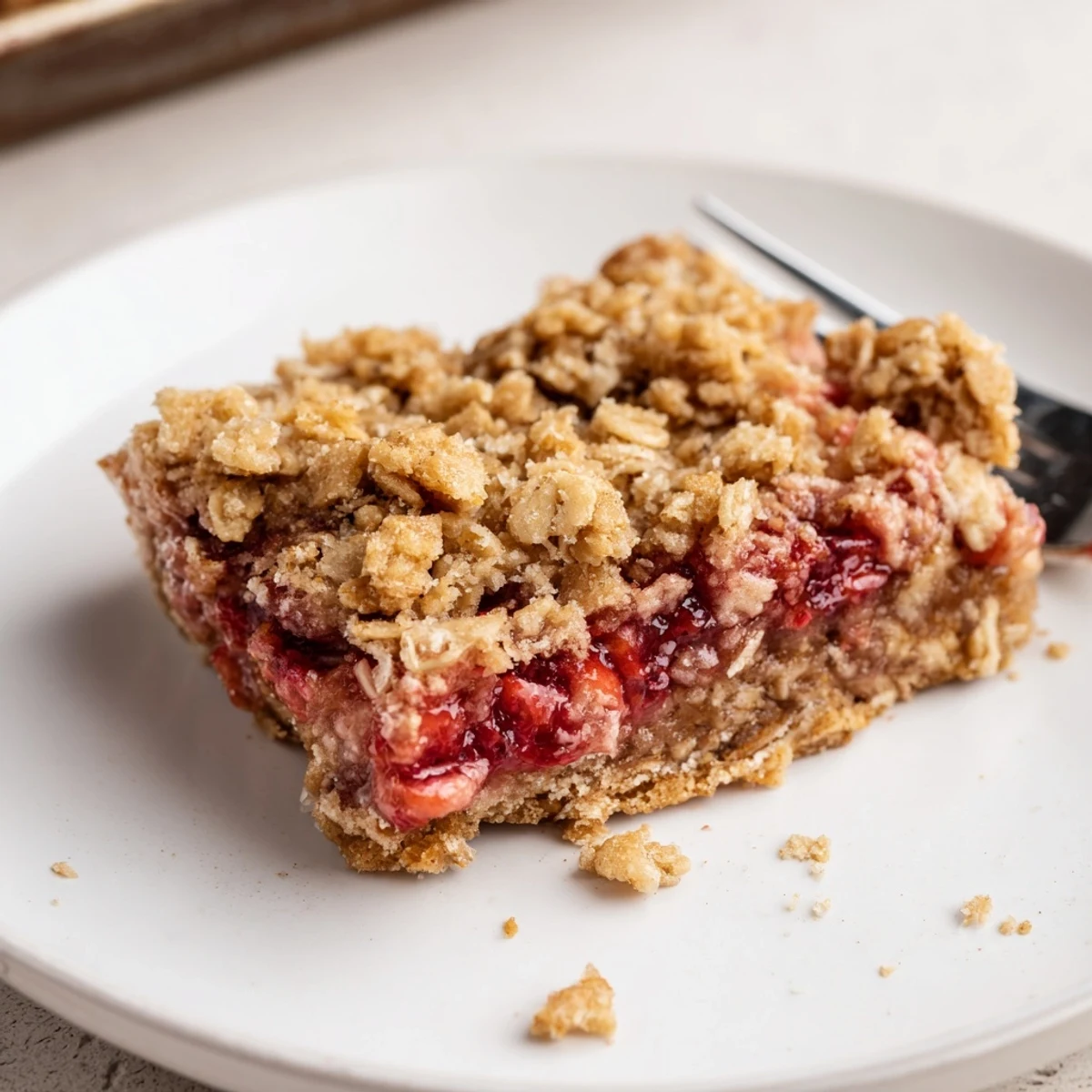 Single slice of Strawberry Oatmeal Crumble Bars showcasing juicy filling, crumbly oats