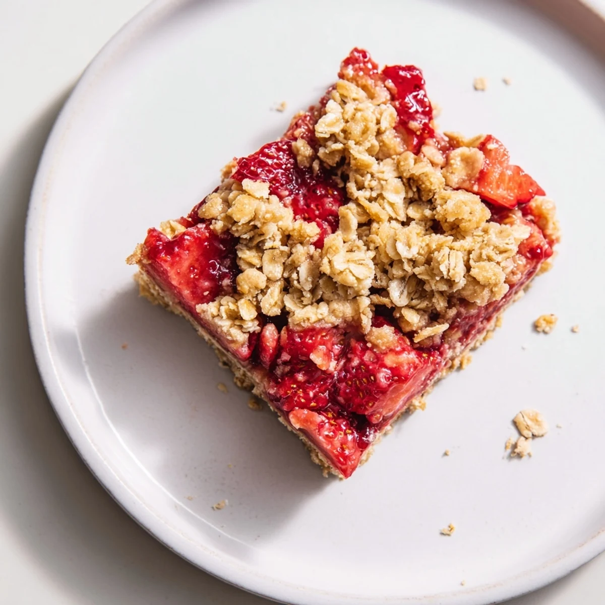 Warm Strawberry Oatmeal Crumble Bars recipe with bubbling fruit and golden oat topping